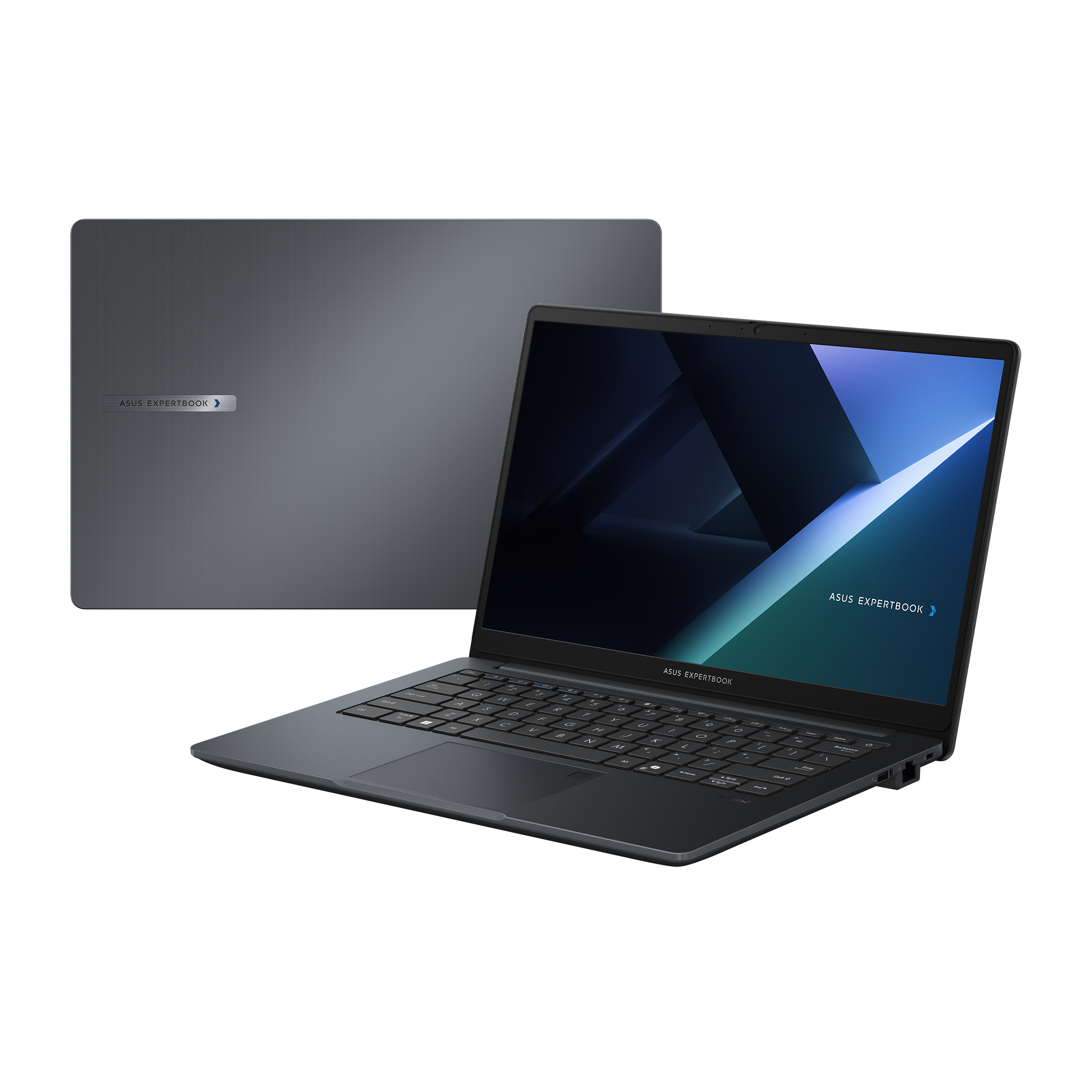Donkergrijze laptop, open, toetsenbord zichtbaar. Achtergrond, bijpassend deksel in beeld.