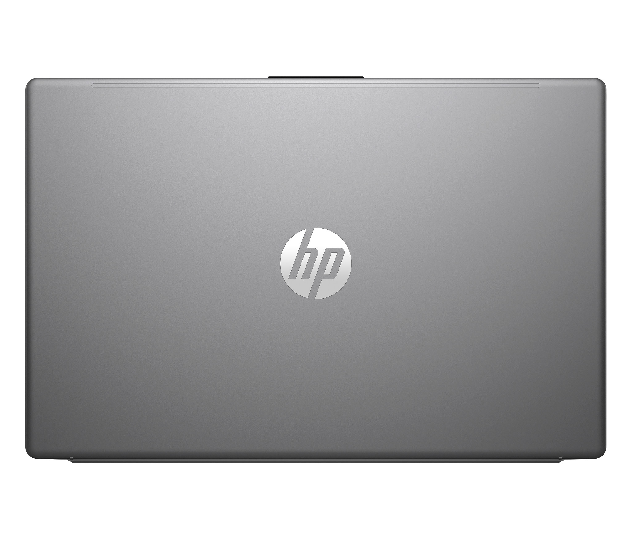 Vue de dessus d'un ordinateur portable gris. Le logo HP est au centre du couvercle.