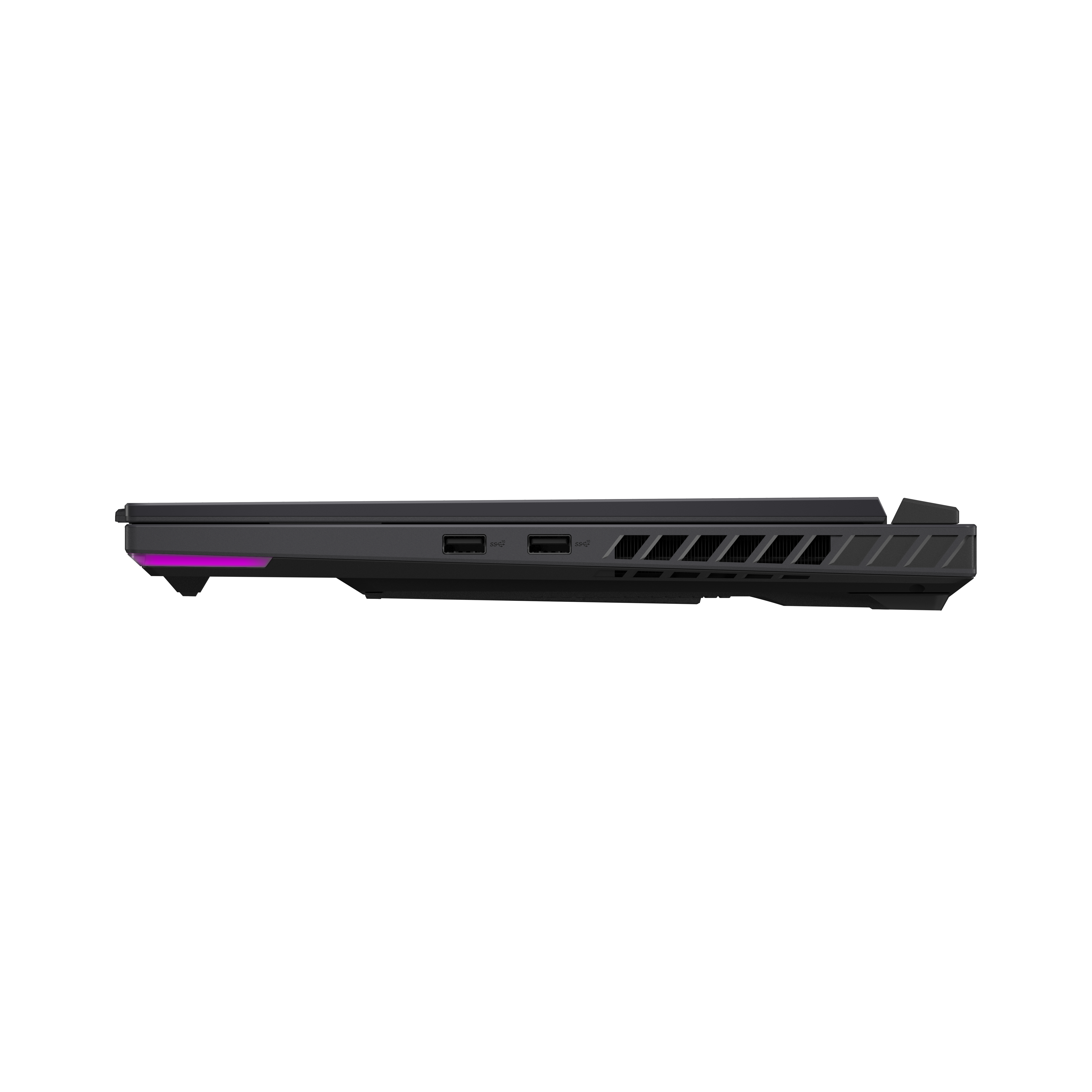 Zijaanzicht van zwarte laptop, poorten zichtbaar.