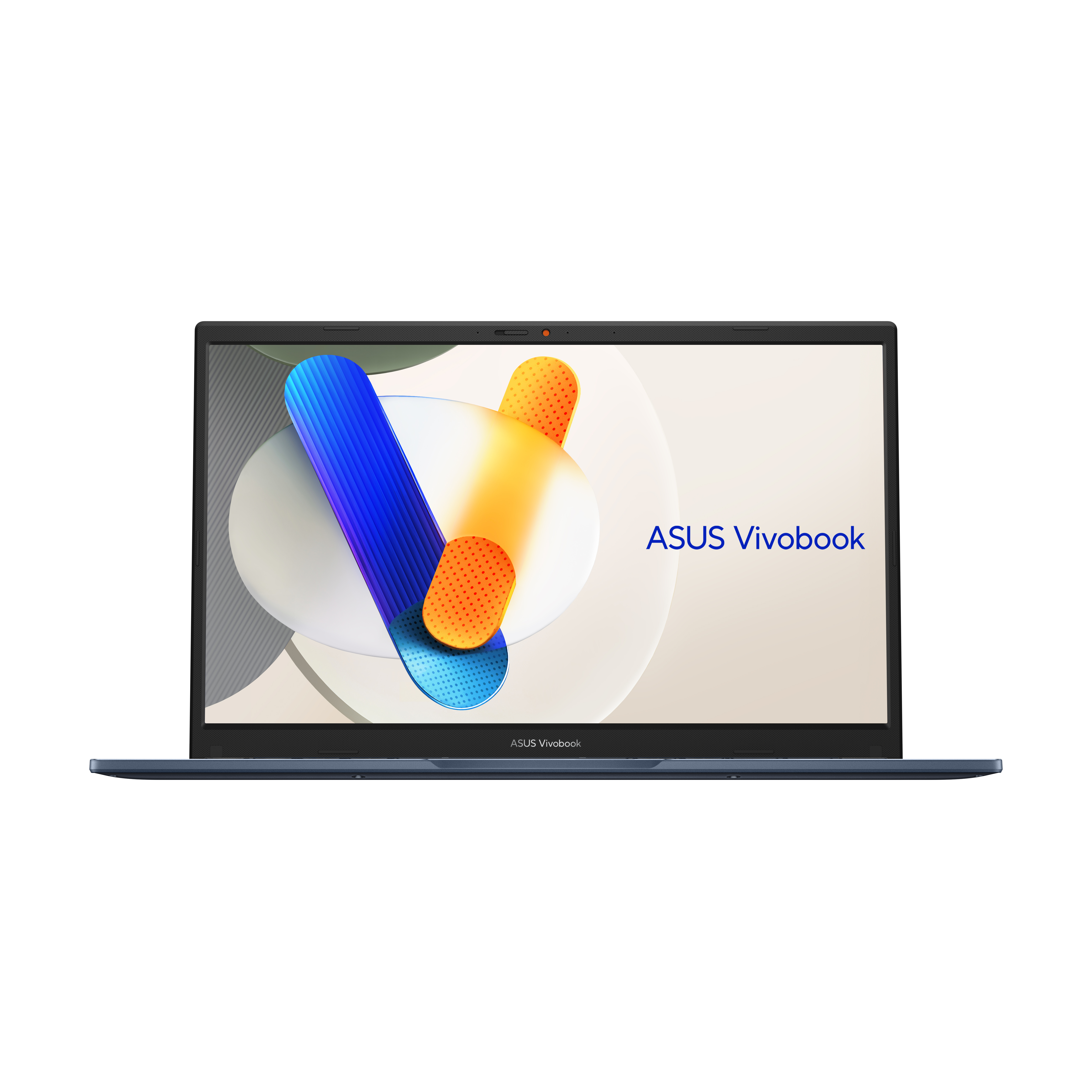 Widok z przodu niebieskiego laptopa z jasnym ekranem wyświetlającym abstrakcyjne kształty. Logo ASUS Vivobook jest widoczne.