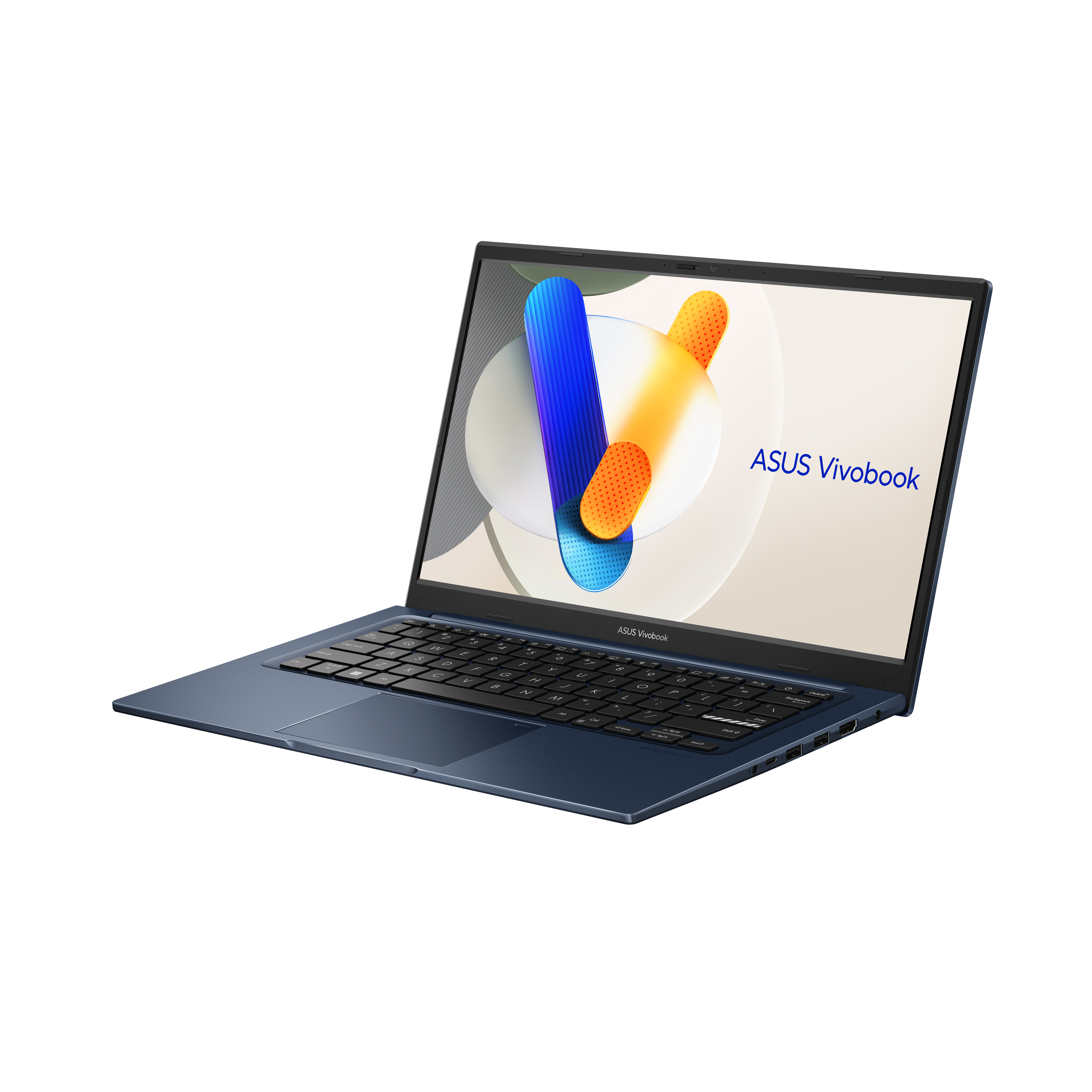 Niebieski laptop ASUS Vivobook otwarty na białym tle. Ekran pokazuje abstrakcyjny wzór.