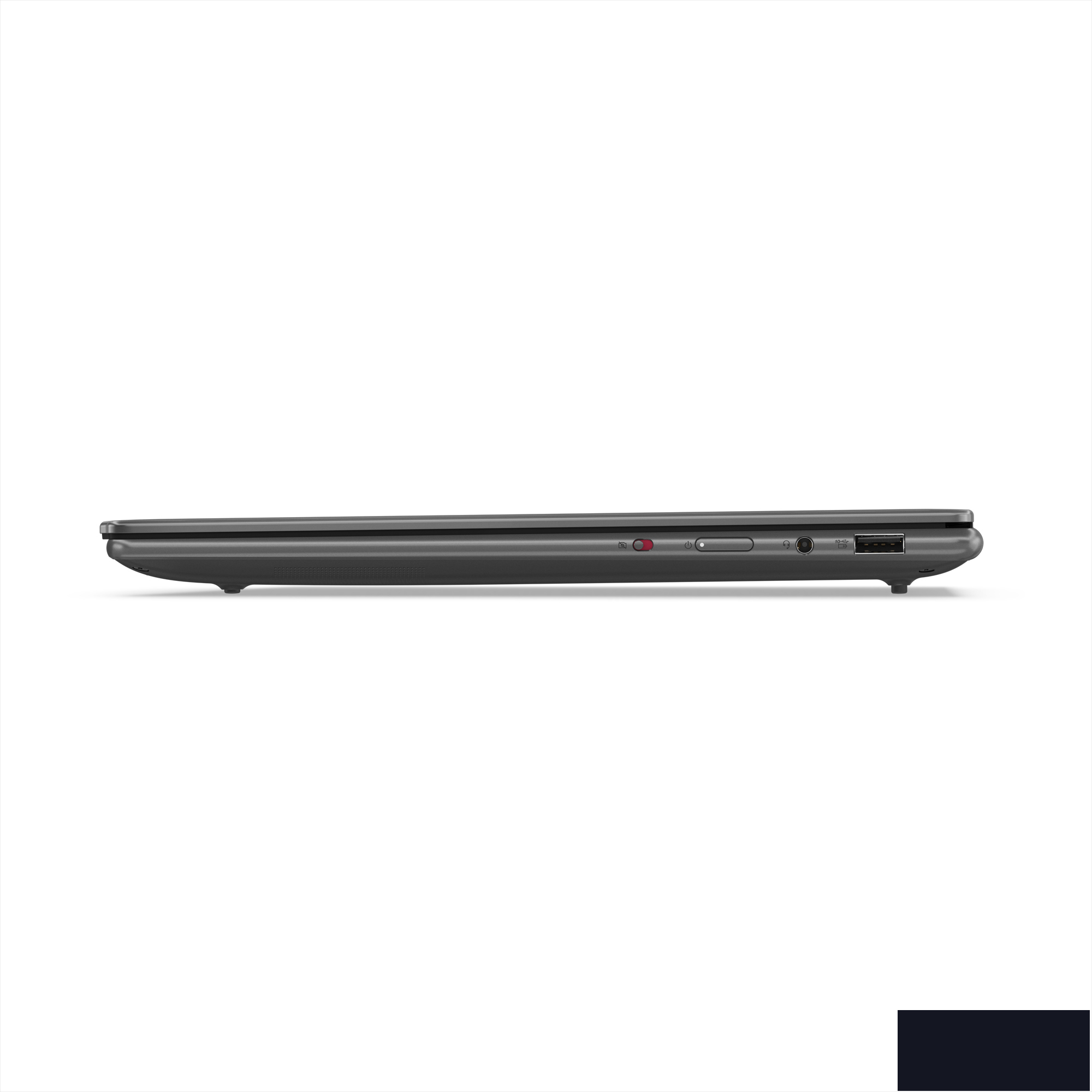 Side view of a dark grey laptop with ports visible, isolated on a white background.