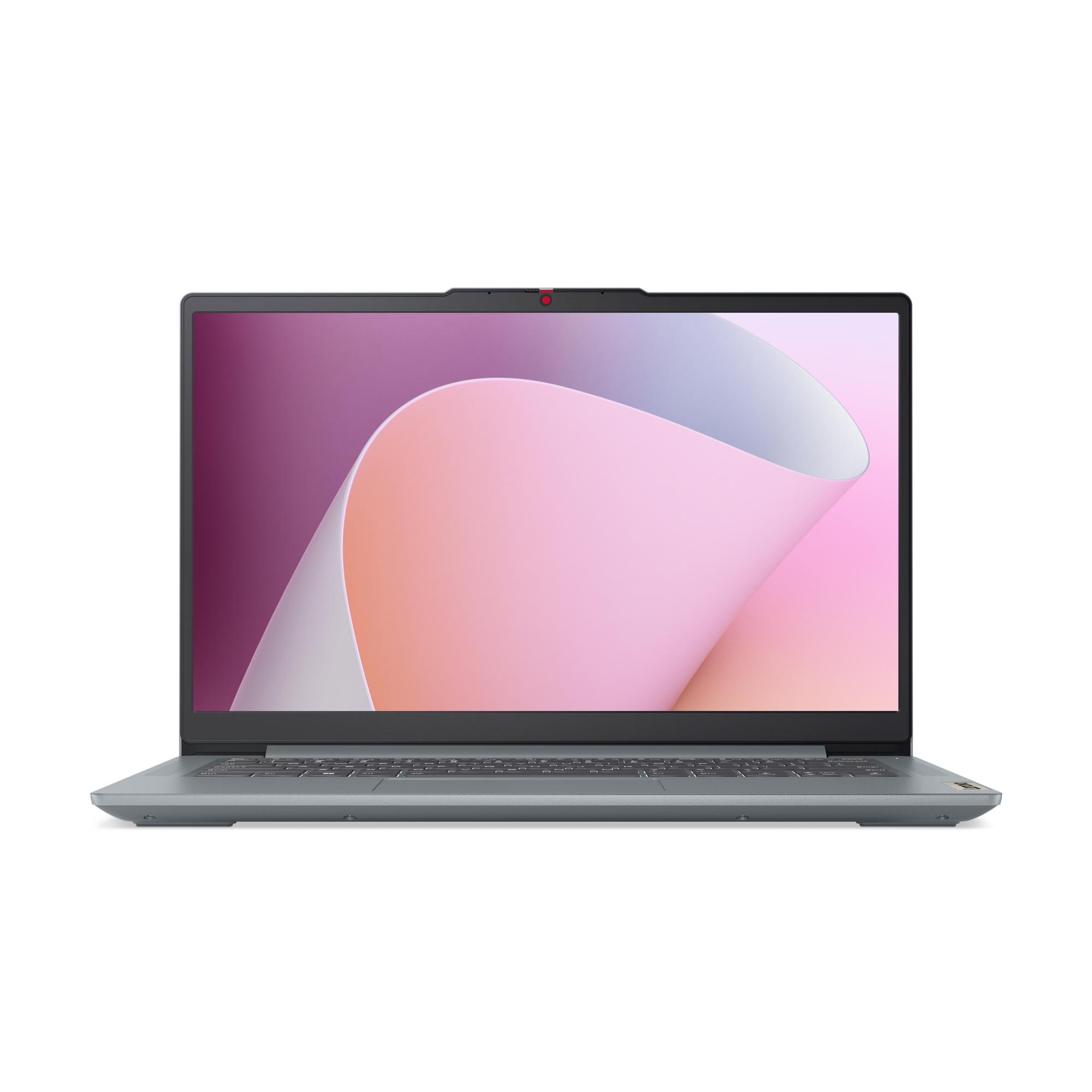 Ordenador portátil con imagen abstracta rosa y blanca en pantalla, sobre fondo blanco.