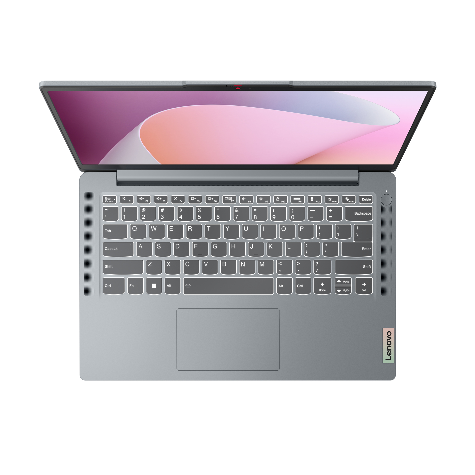 Laptop Lenovo gris con la pantalla abierta, mostrando una pantalla rosa y blanca, fondo blanco.