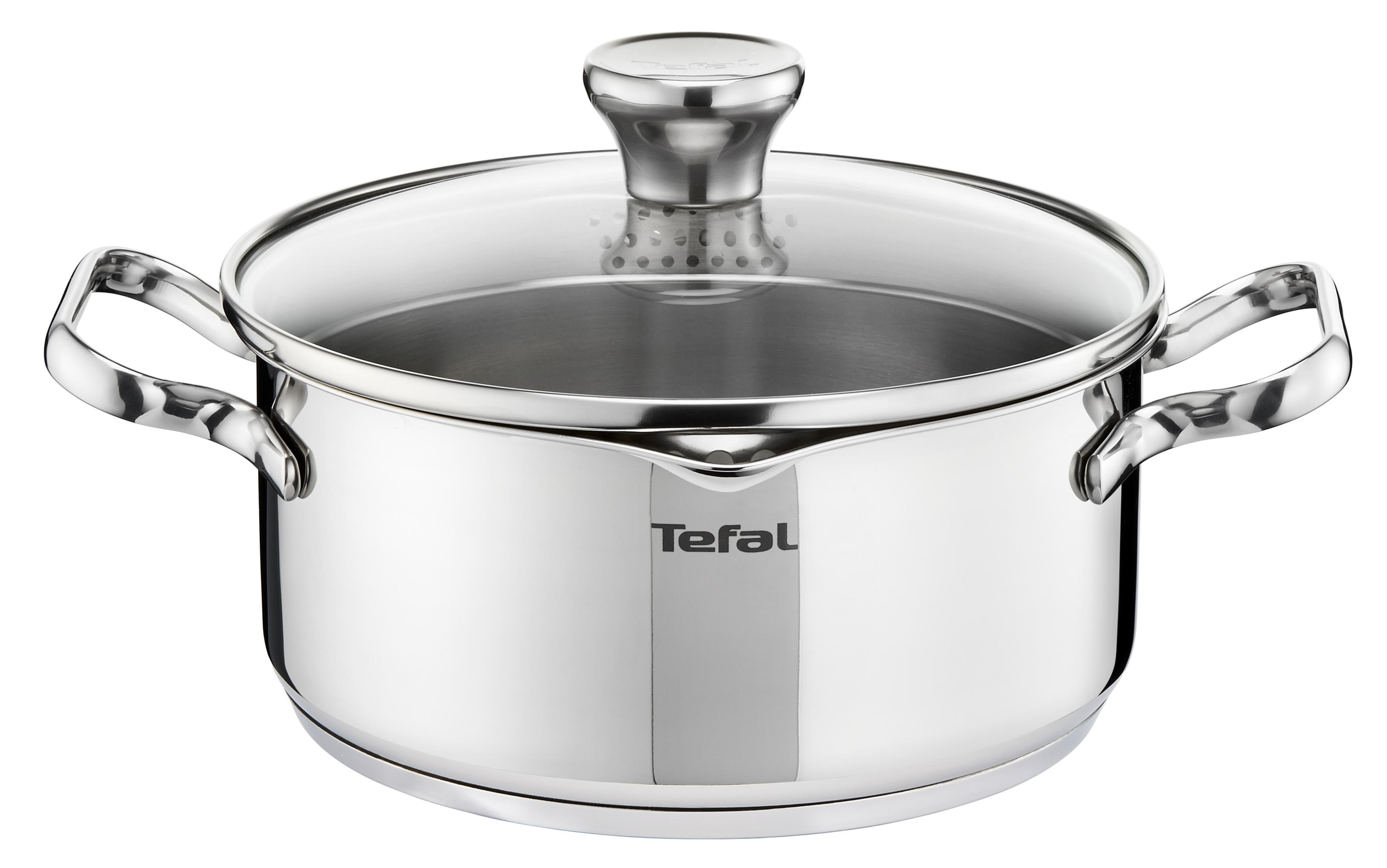 Olla de acero inoxidable con tapa de vidrio. Con asas y logotipo de "Tefal".