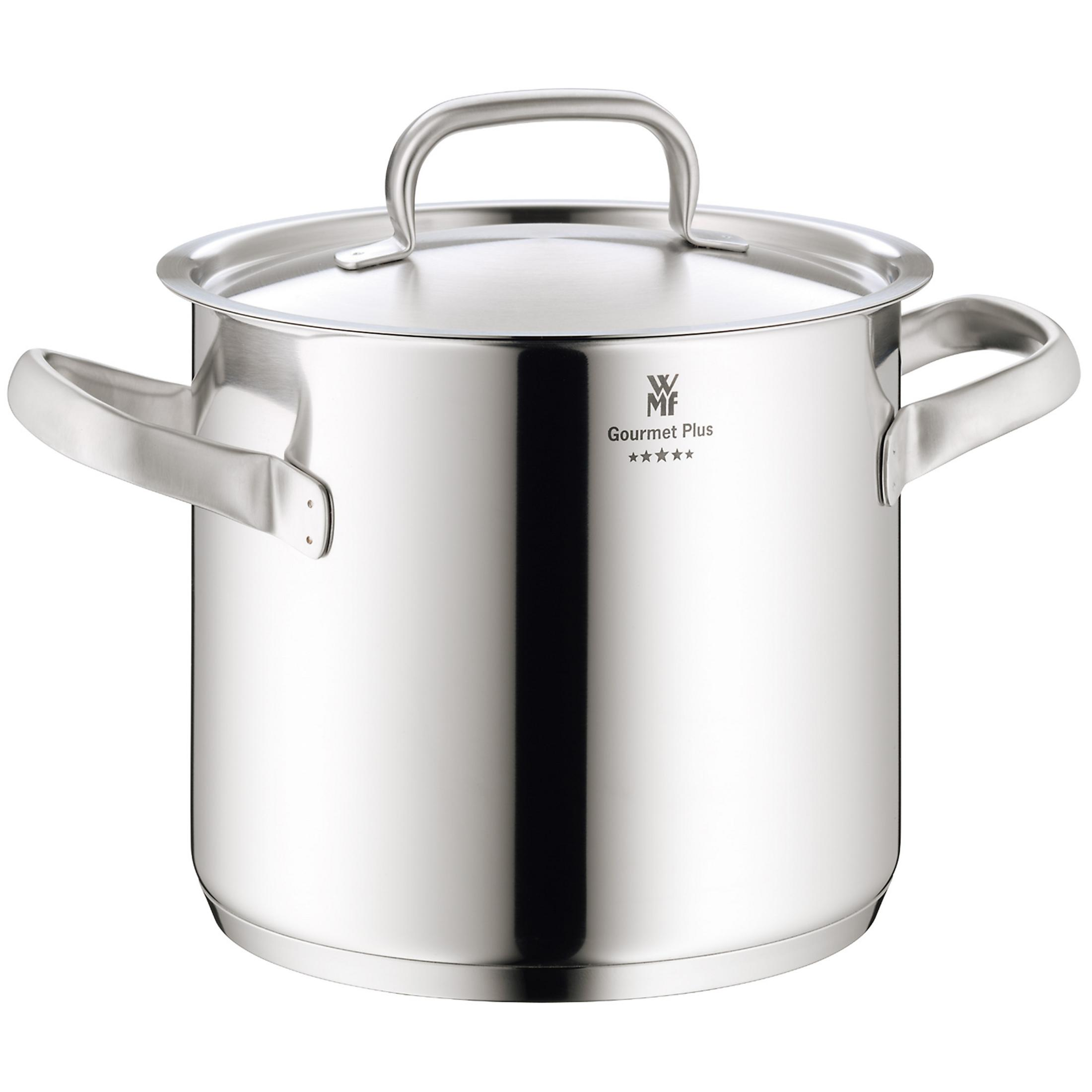 Kochtopf aus Edelstahl mit Griffen und Deckel. Mit dem Gourmet Plus Logo.