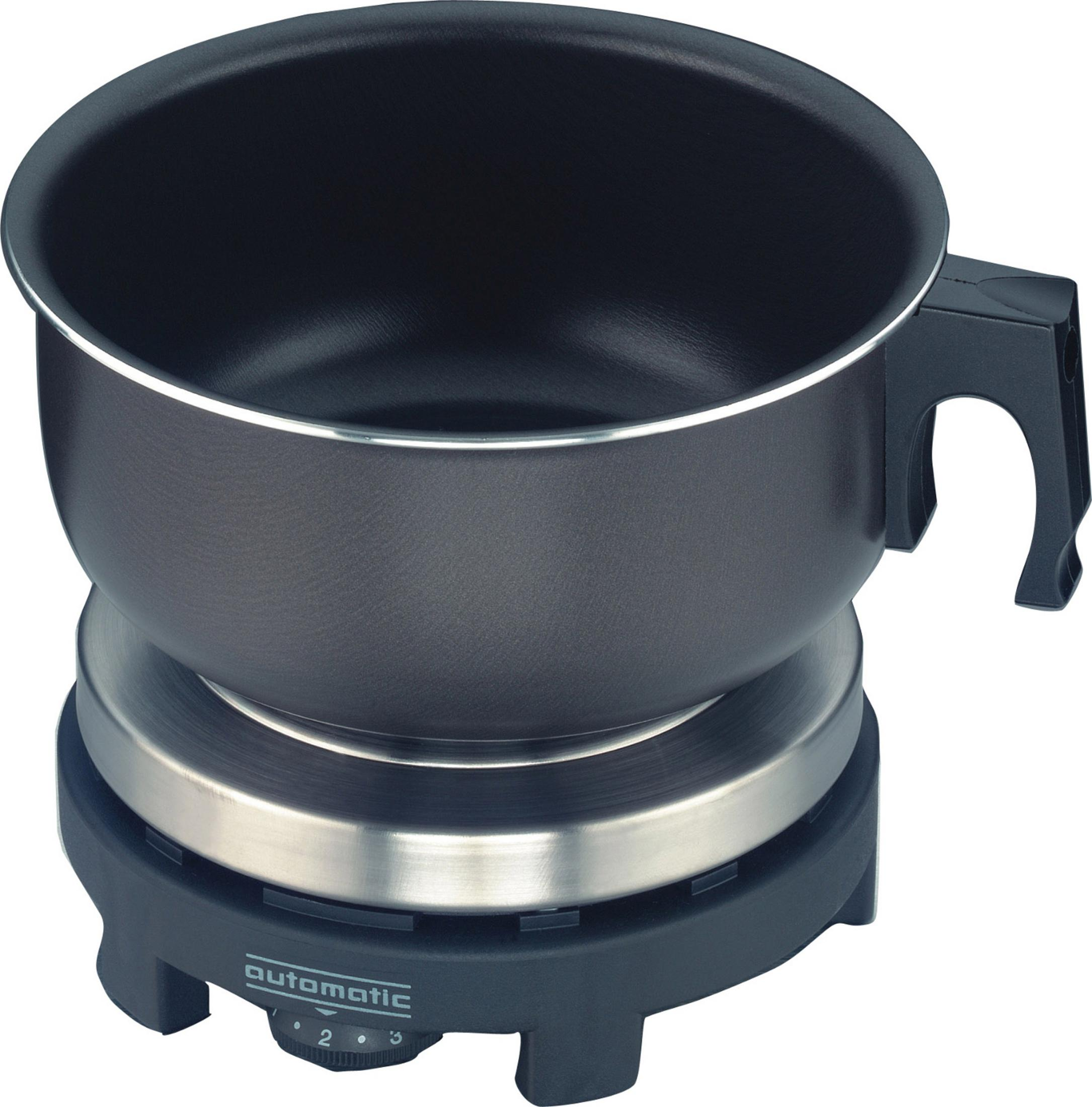 Une caquelon à fondue noir sur une base noire avec un élément chauffant argenté et des réglages de température.