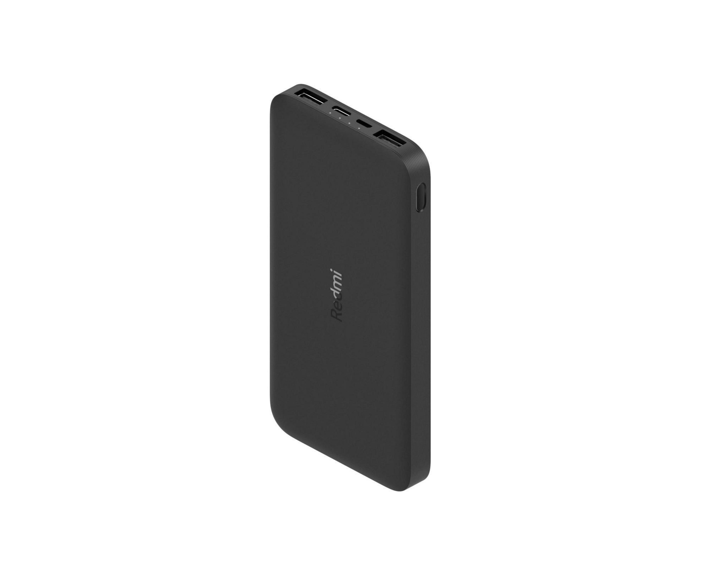 Siyah bir Redmi powerbank. Birkaç bağlantı noktası ve Redmi logosu var.