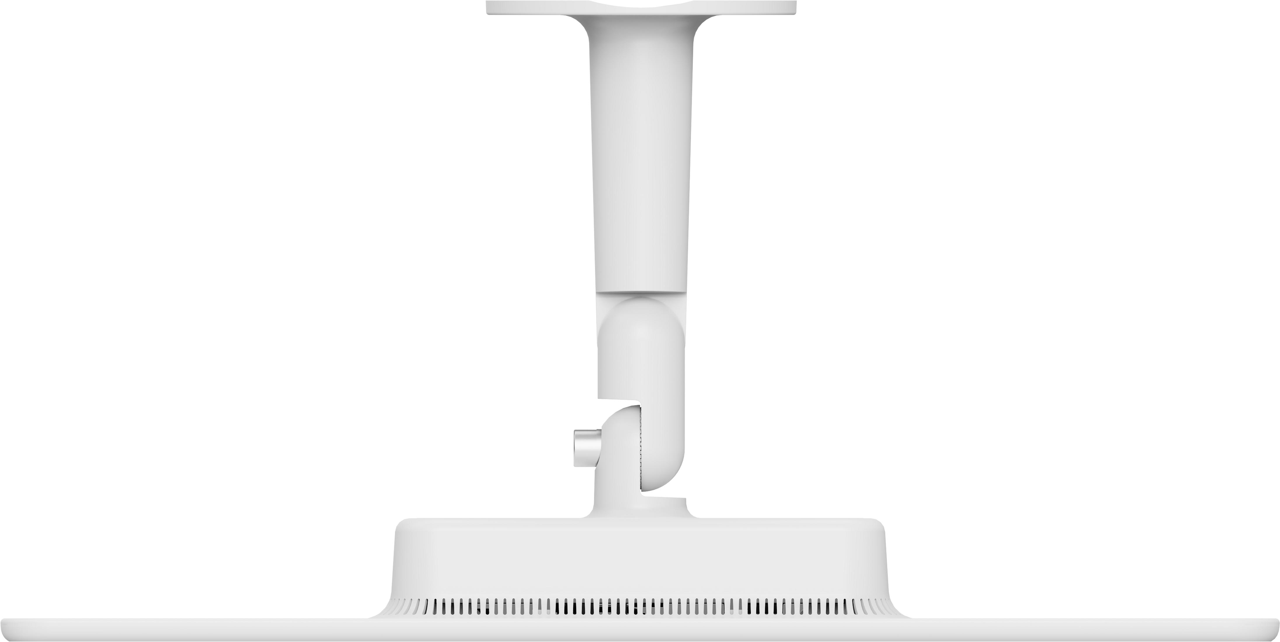 A white ceiling mount bracket with a base and an adjustable arm.