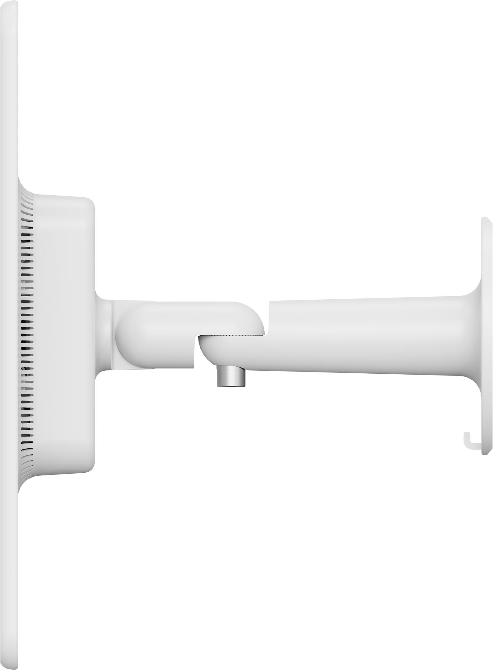 A white antenna mount with a rotating joint, mounted on a white background.