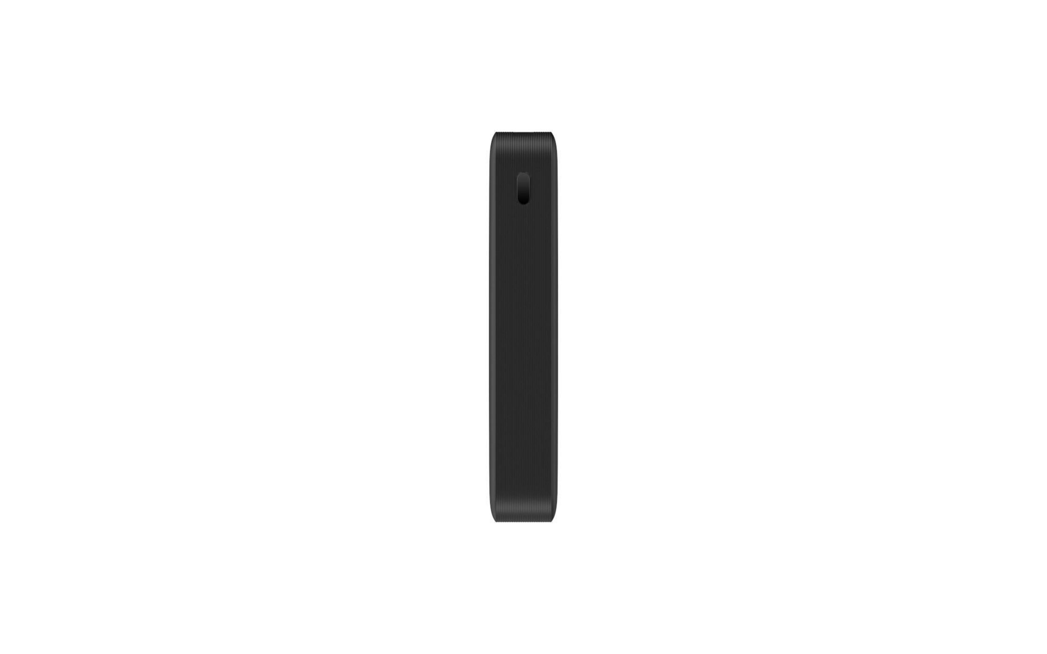 Dispositivo rectangular negro, diseño delgado, con un agujero. Fondo blanco, vista lateral.