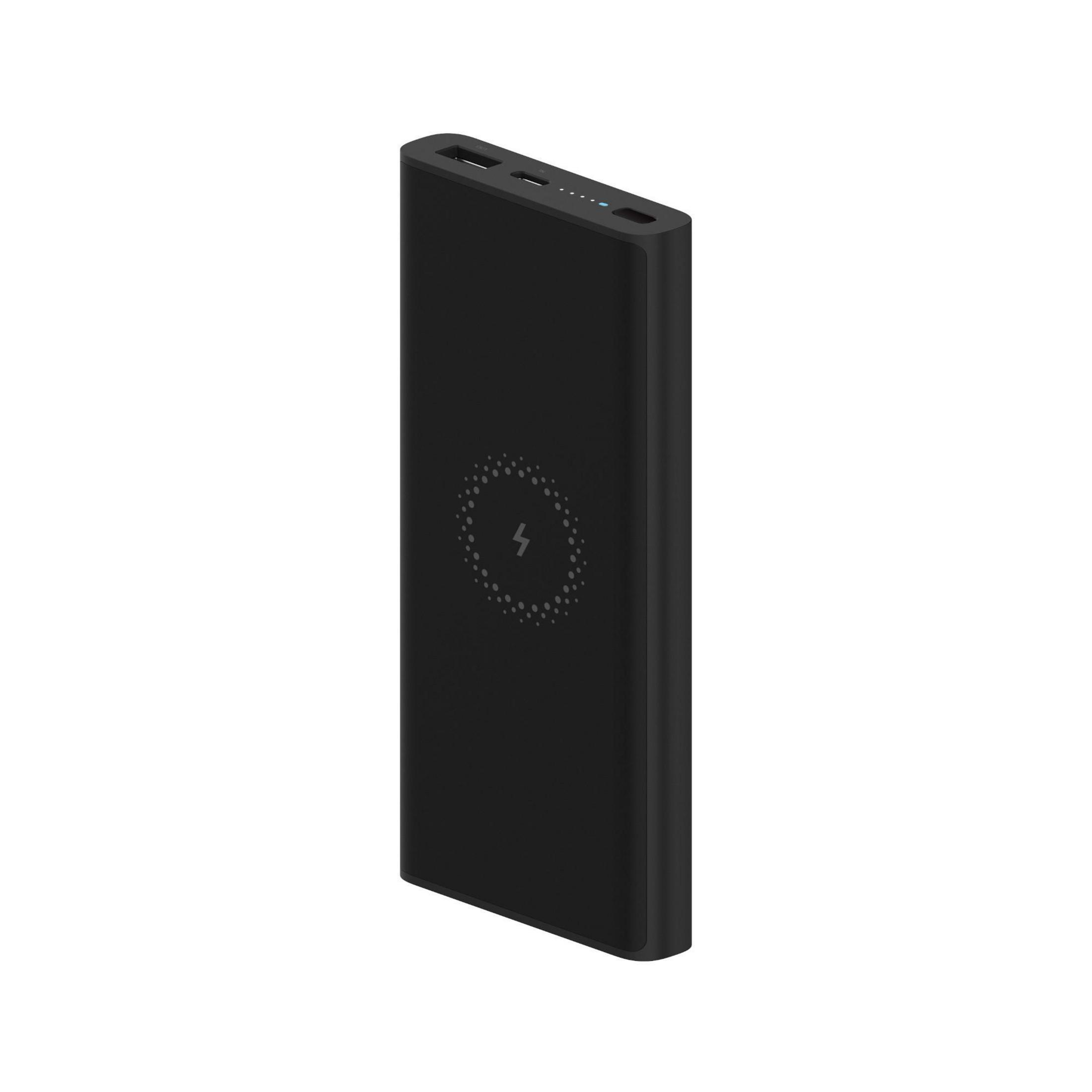 Power bank nero con simbolo di ricarica wireless. Ha due porte e un indicatore.