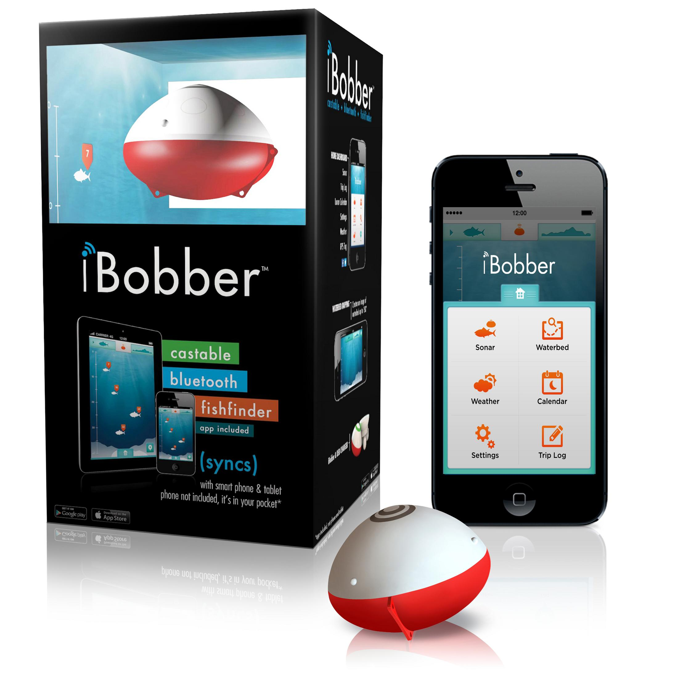 Eine Angelposen-Produktbox und ein Smartphone mit iBobber-App-Oberfläche.