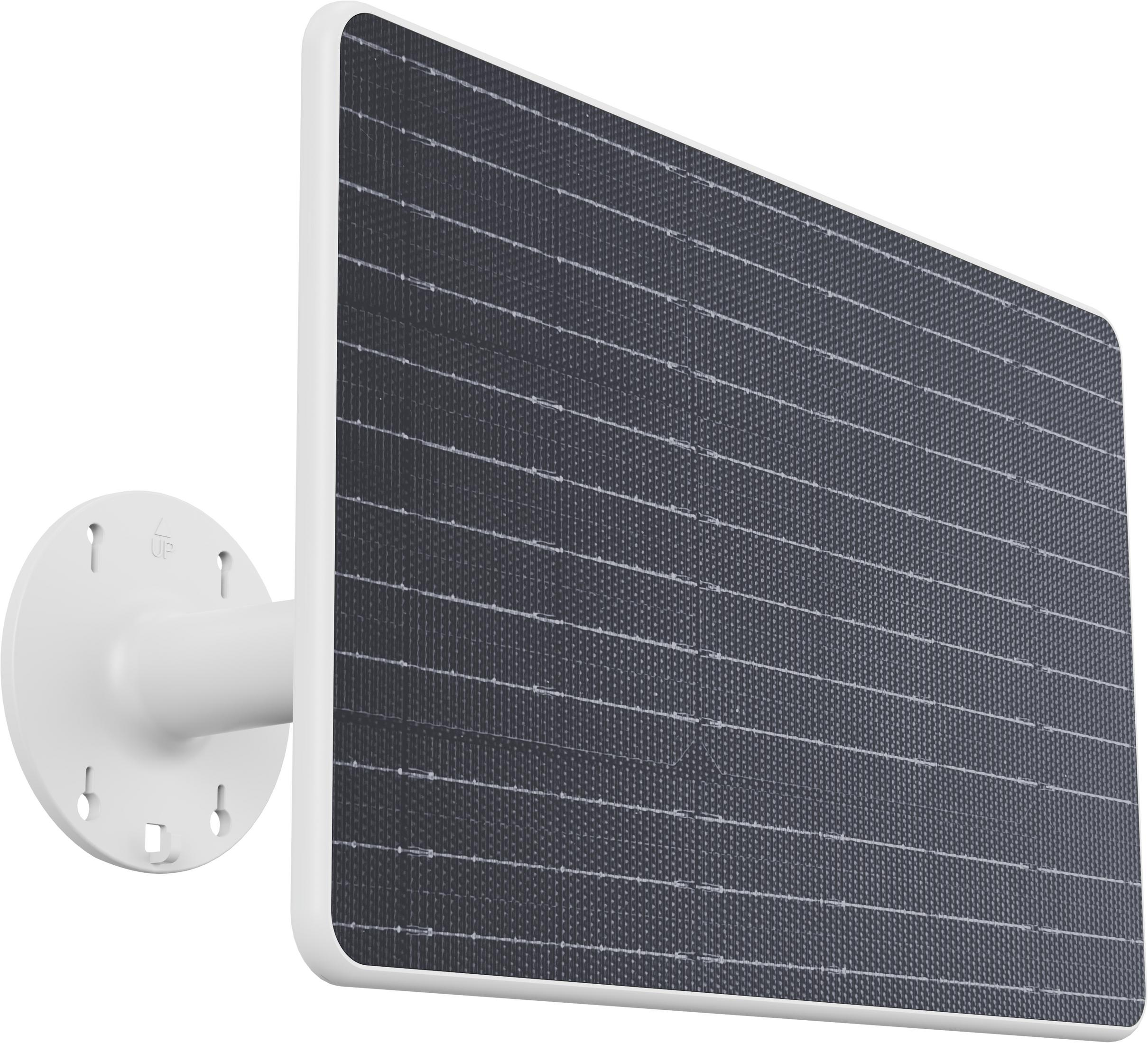 Un pannello solare bianco con un braccio di montaggio e una base bianchi. Il pannello è nero con molte sottili linee bianche.