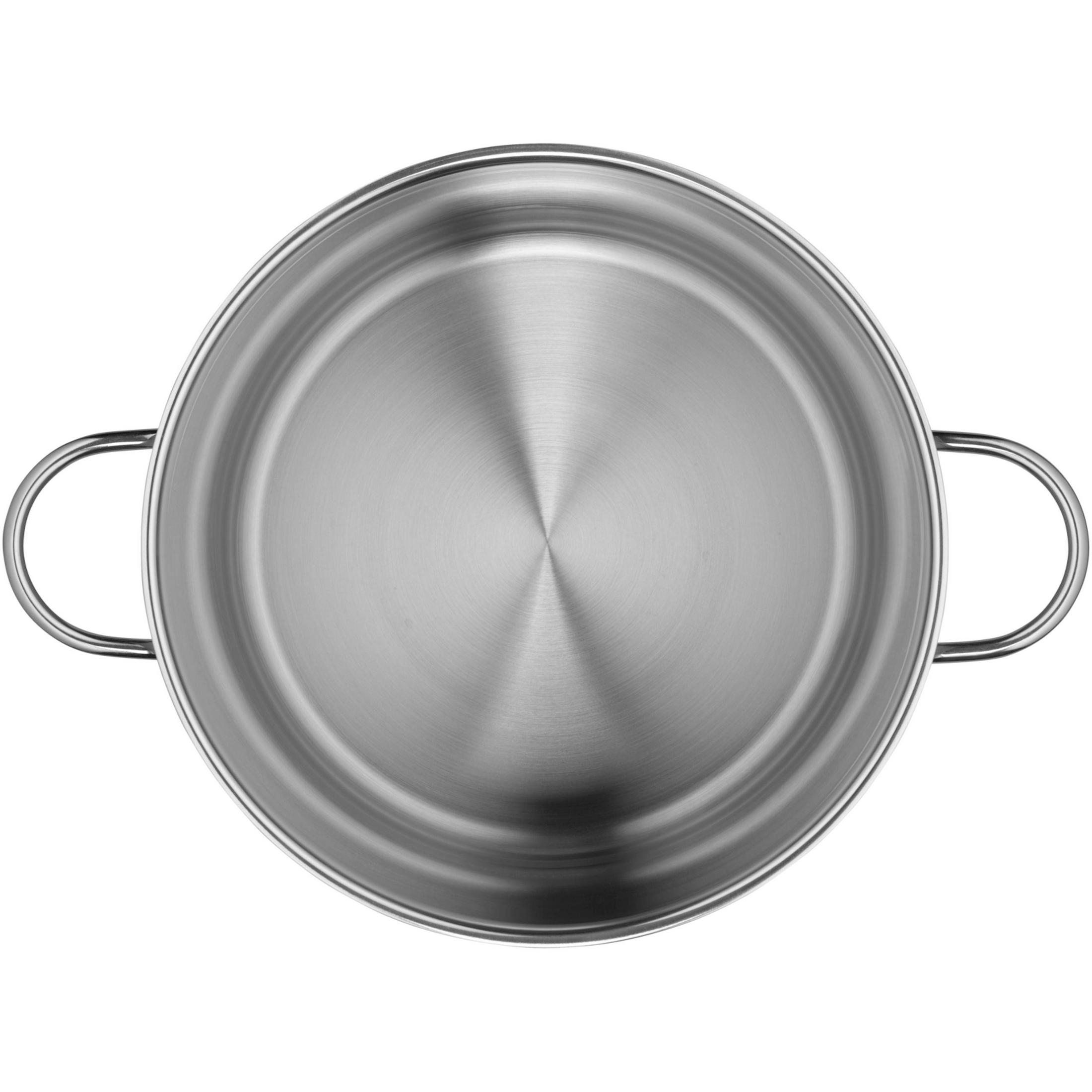 Garnek ze stali nierdzewnej, widok z góry, z dwoma uchwytami bocznymi.