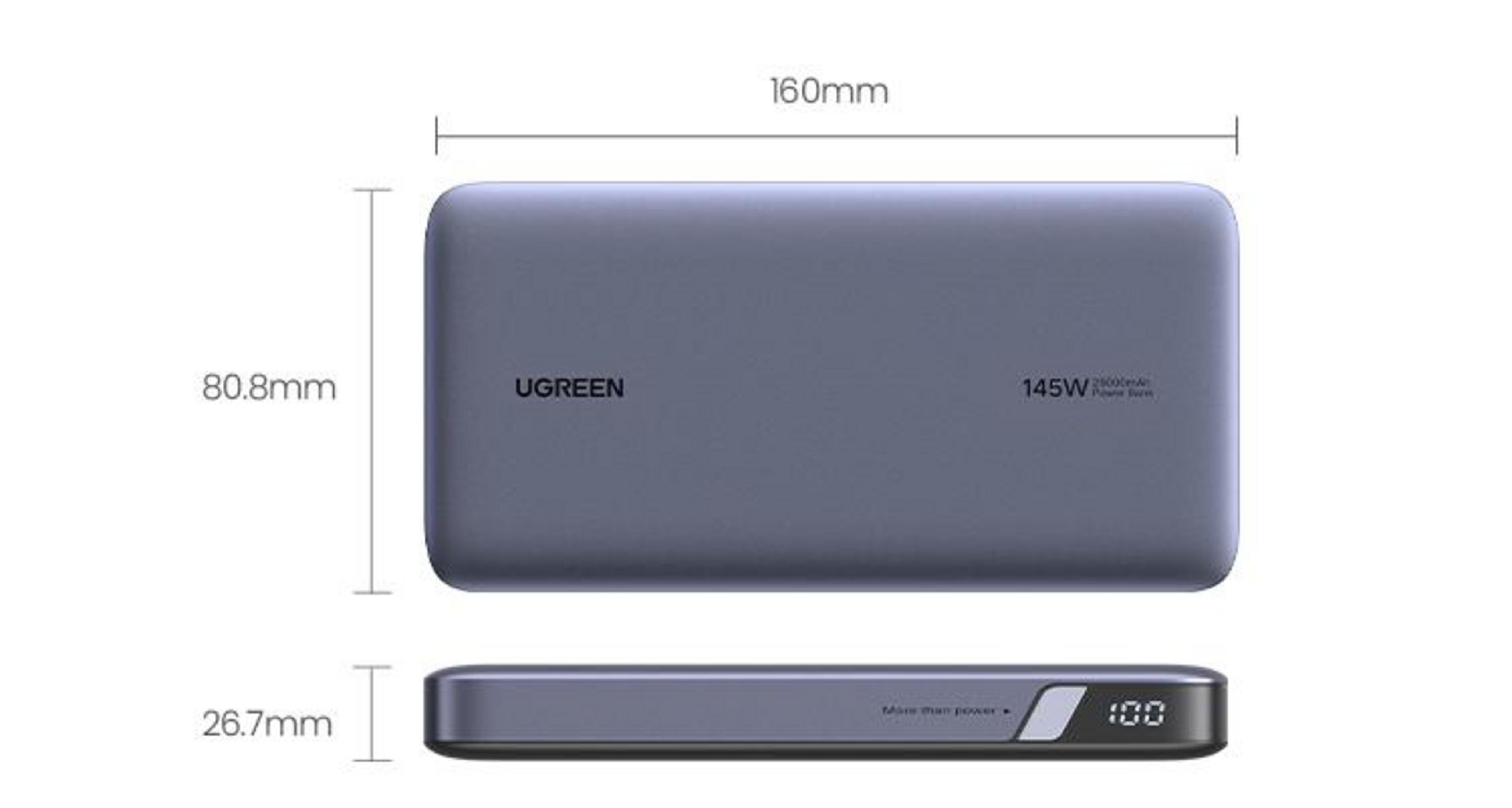 Szary power bank z wymiarami. Tekst brzmi 'UGREEN 145W 25000mAh Power Bank'.