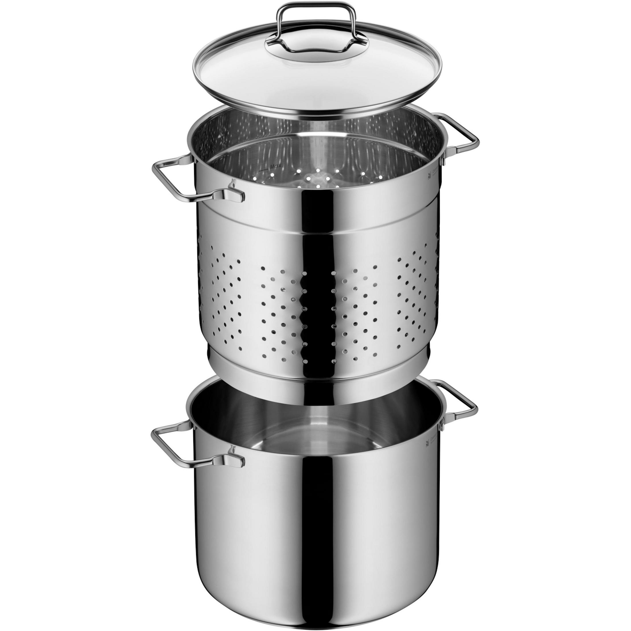 Zestaw garnków ze stali nierdzewnej z koszem do gotowania na parze i szklaną pokrywką.