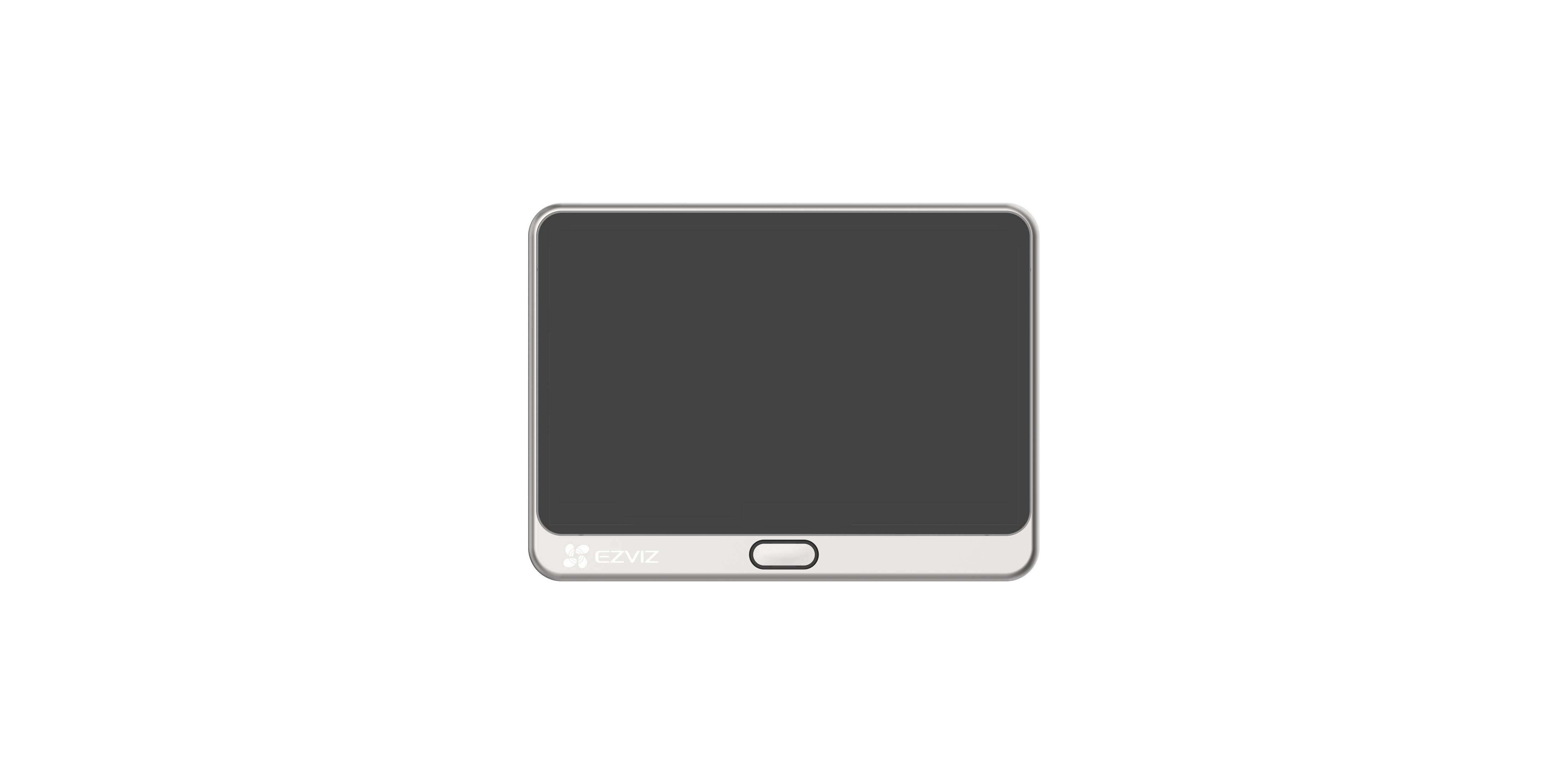Tablet-Computer mit schwarzem Bildschirm, silbernem Rahmen und weißem Hintergrund.