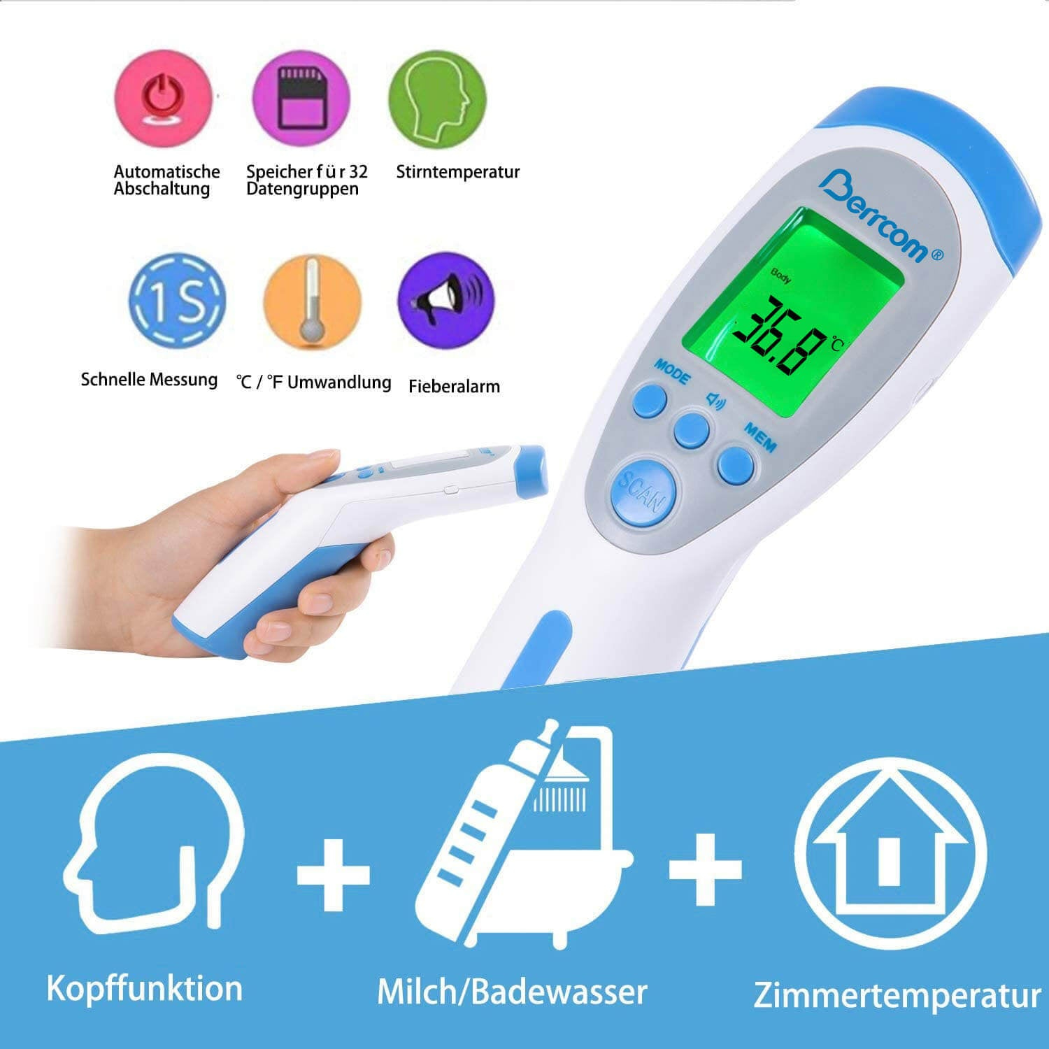 Digitales Thermometer mit Symbolen. Hand hält das Gerät. Es zeigt 36,8 °C an.