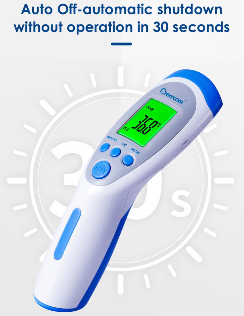 Digitales Thermometer. Zeigt 36,8 °C an. Text: Automatische Abschaltung ohne Bedienung in 30 Sekunden.