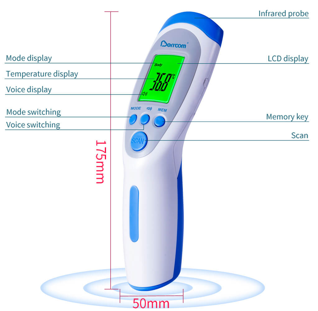 Digitales Thermometer mit beschrifteten Teilen und Abmessungen, das seine Funktionen und Größe zeigt.