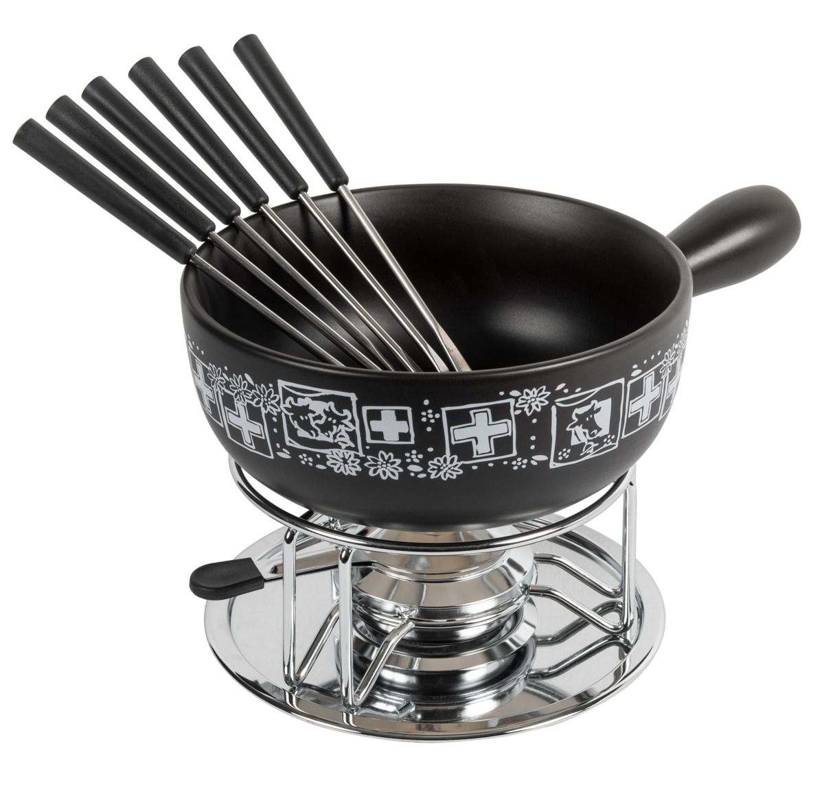 Schwarzes Fondue-Set mit weißem Blumen- und Kreuz-Design, mit Gabeln, isoliert auf Weiß.