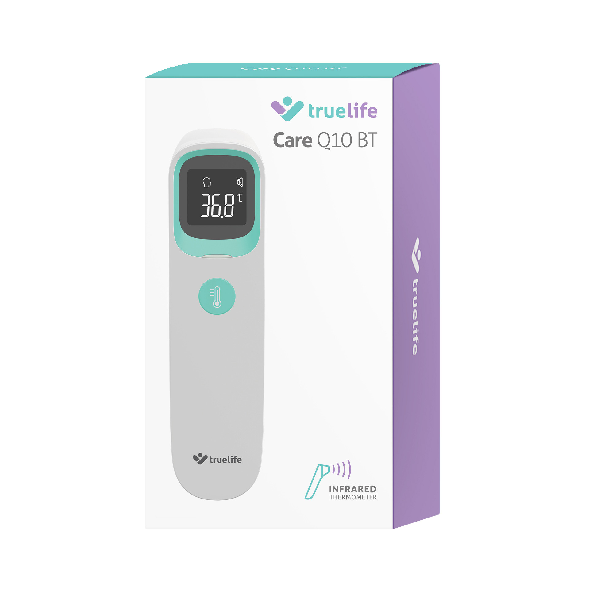 Biały i fioletowy termometr na podczerwień w pudełku, z wyświetlaczem cyfrowym.