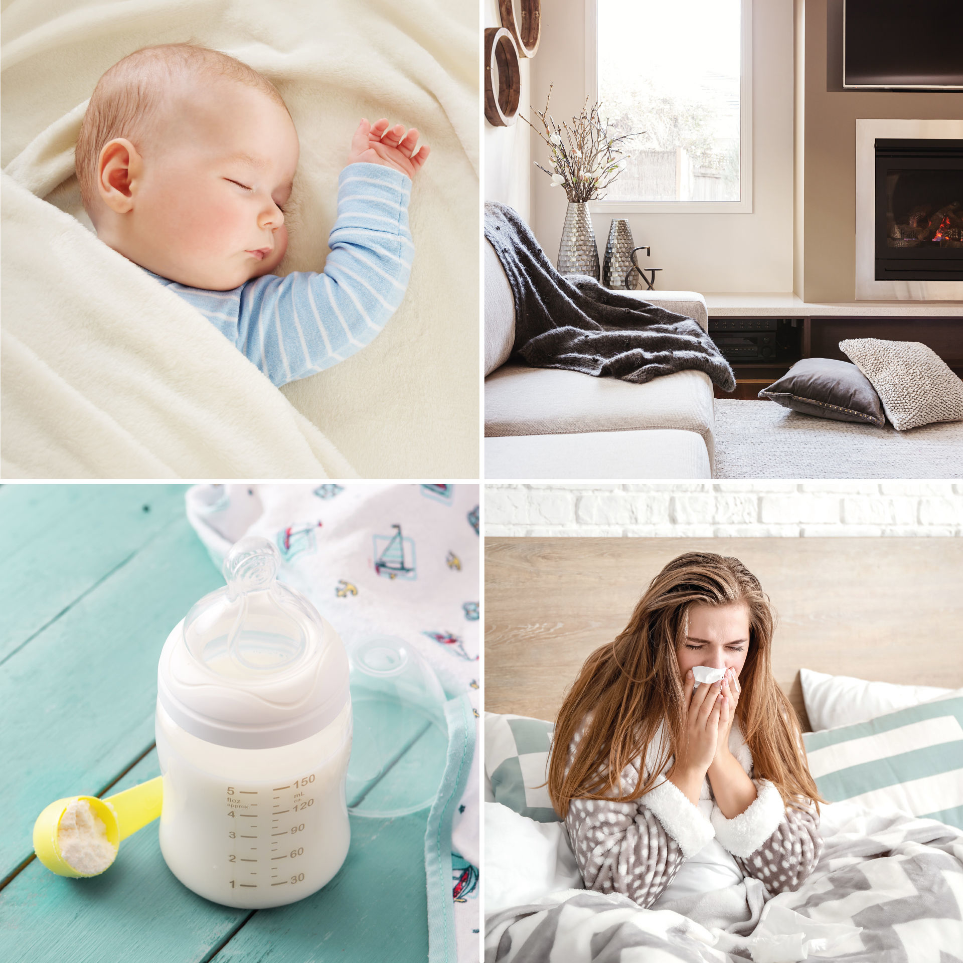 Śpiące dziecko, scena w salonie, butelka dla dziecka i przeziębiona kobieta.