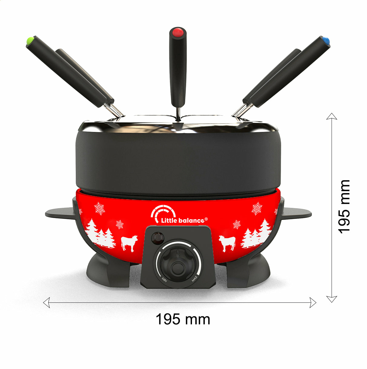 Ein rot-schwarzes Fondue-Set mit den Abmessungen 195 mm x 195 mm.