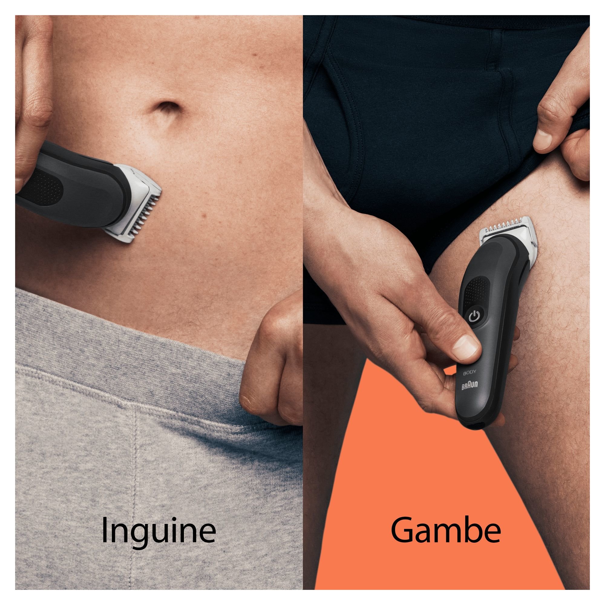 Mężczyzna używający trymera na pachwinie i nodze. Etykiety Inguine i Gambe znajdują się na zdjęciu.