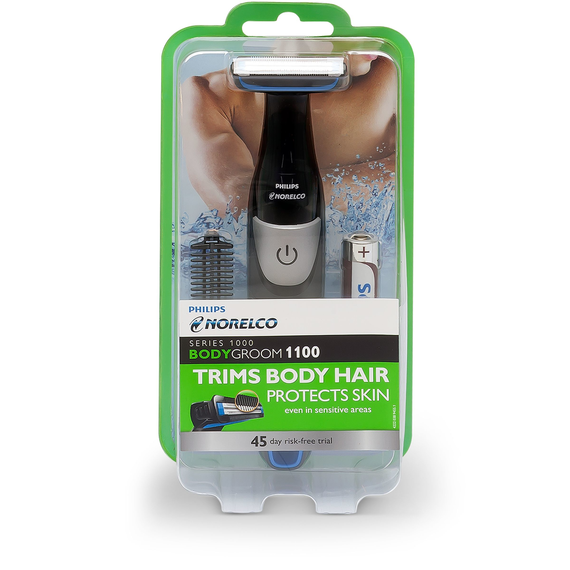 Philips Norelco Bodygroom in Verpackung. Der Rasierer ist schwarz und silber, mit Klingen und einer Batterie.