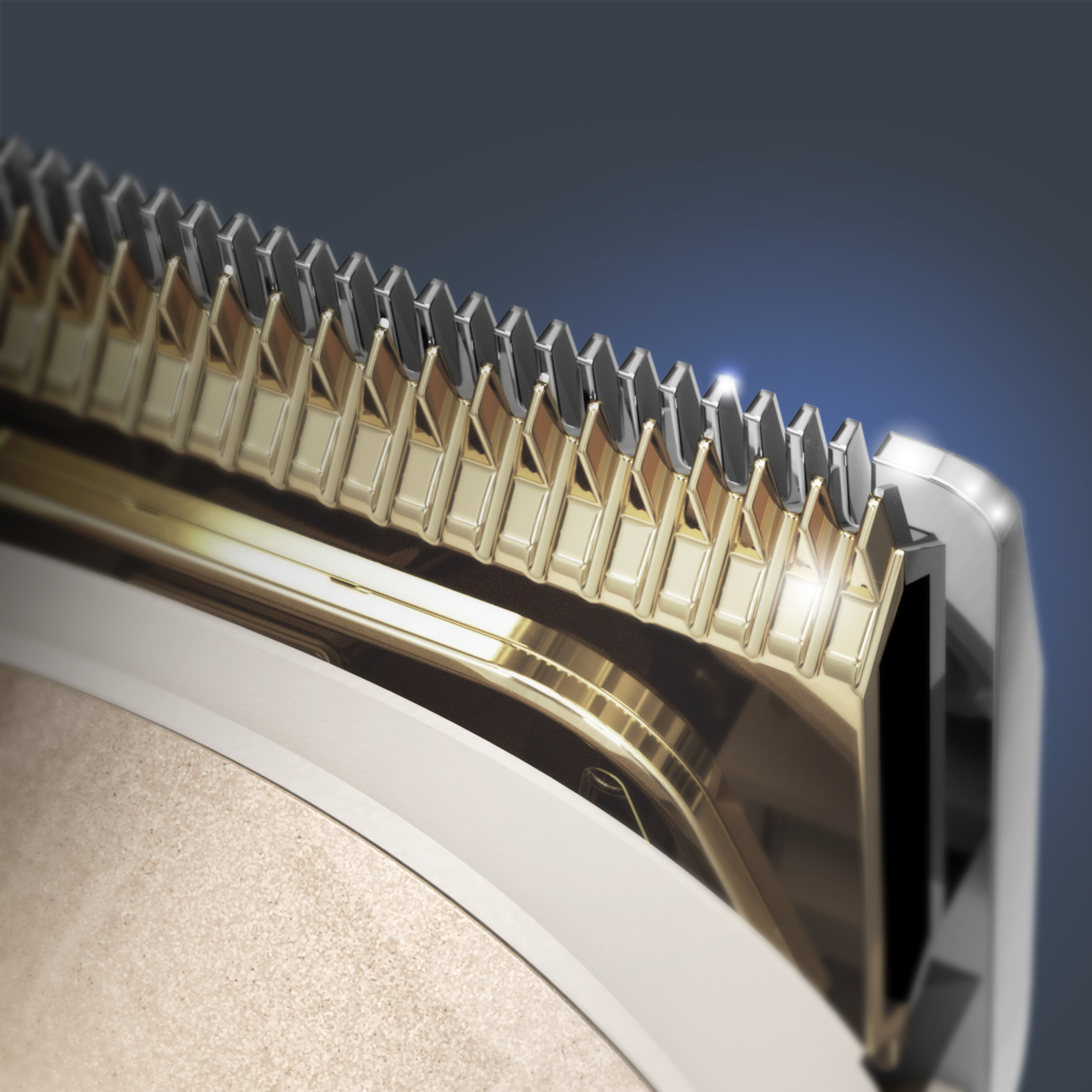 Zbliżenie ostrza trymera. Złote i srebrne ostrza ze szczegółowym widokiem.