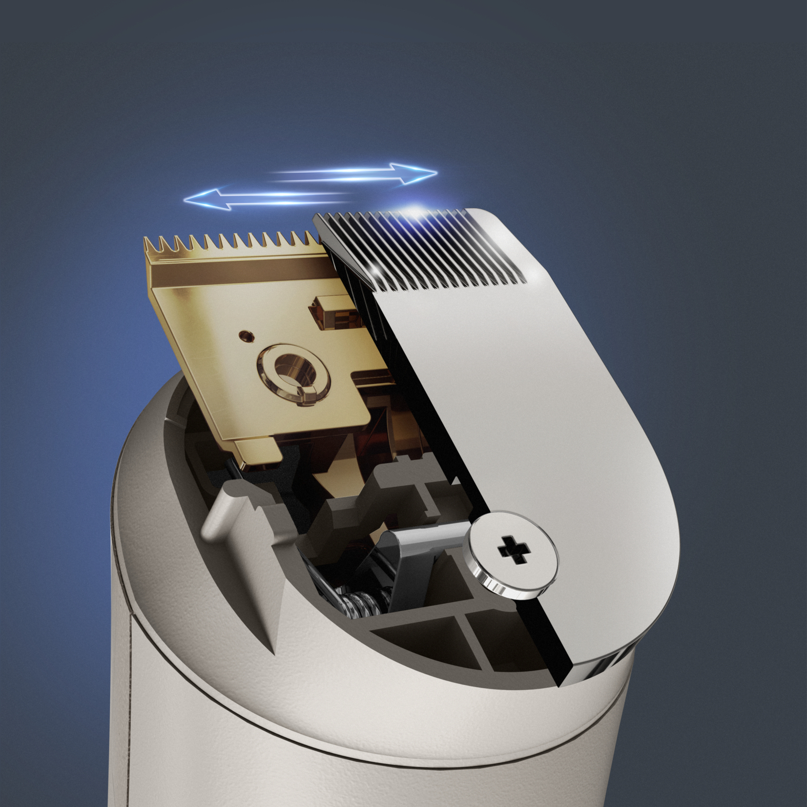 Zbliżenie ostrza trymera. Złote i srebrne ostrza. Niebieskie tło ze strzałkami.