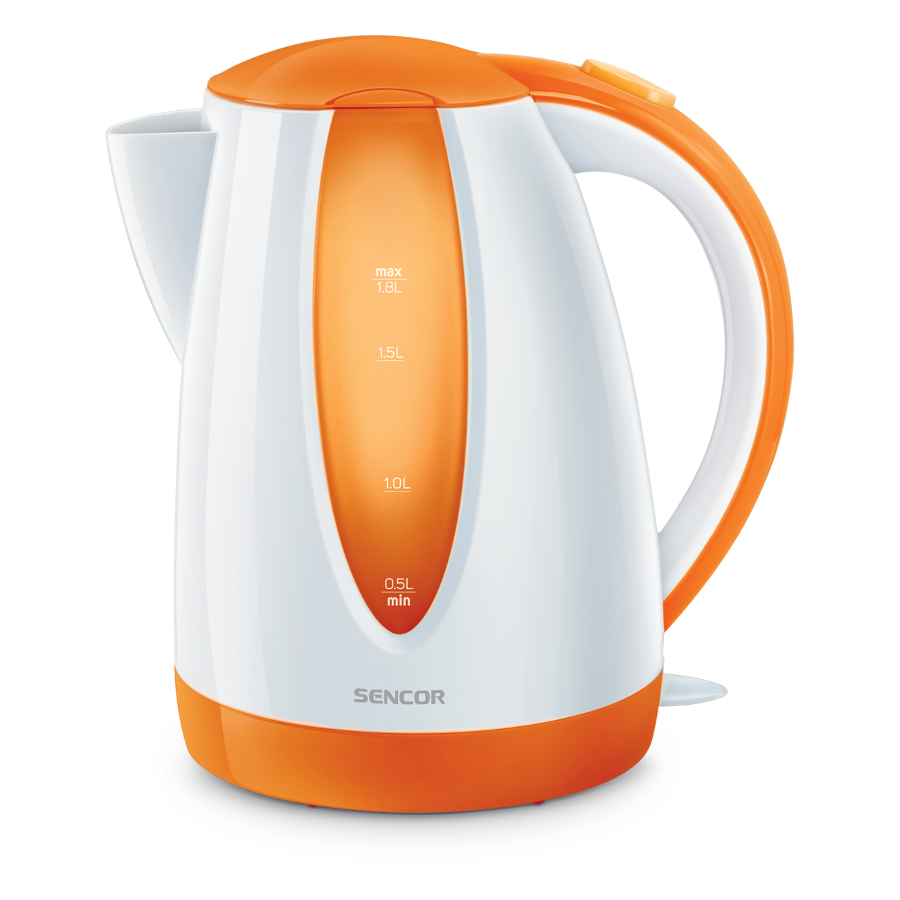 Een witte elektrische waterkoker met oranje accenten. De waterkoker heeft maatstreepjes.