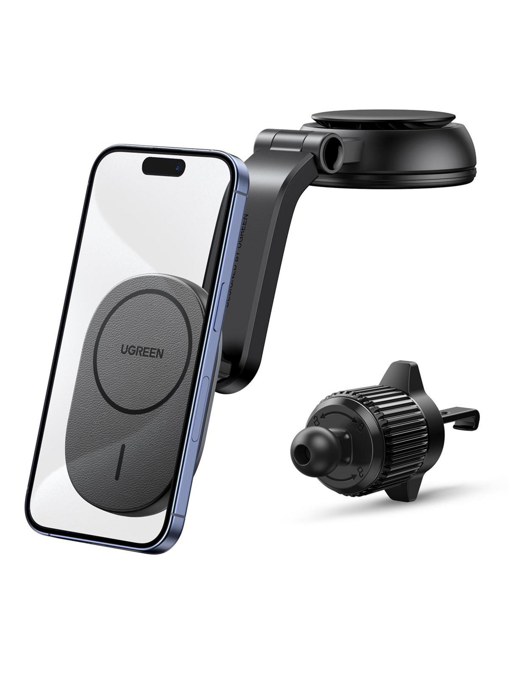 Schwarze Autotelefonhalterung mit Telefon und separatem Lüftungsschlitzclip.