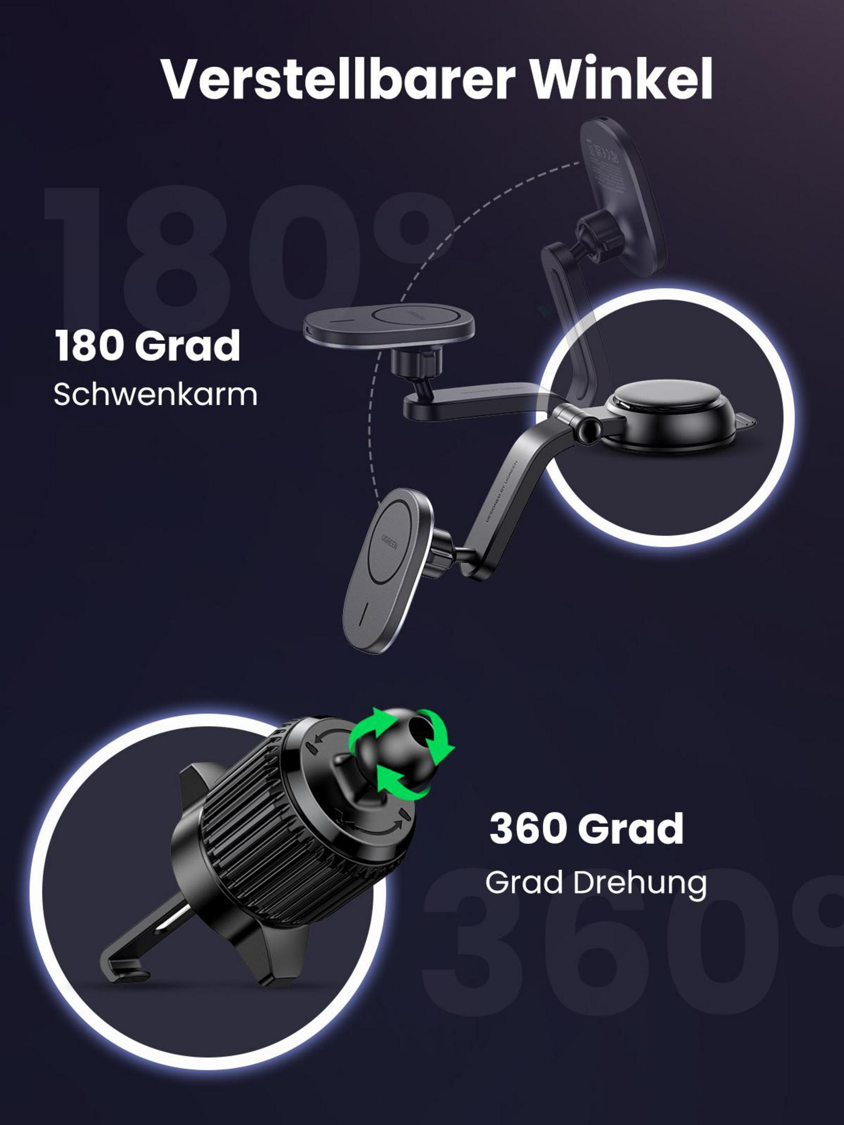 Diagramm einer Telefonhalterung mit einstellbaren Winkeln, das 180- und 360-Grad-Drehung zeigt.