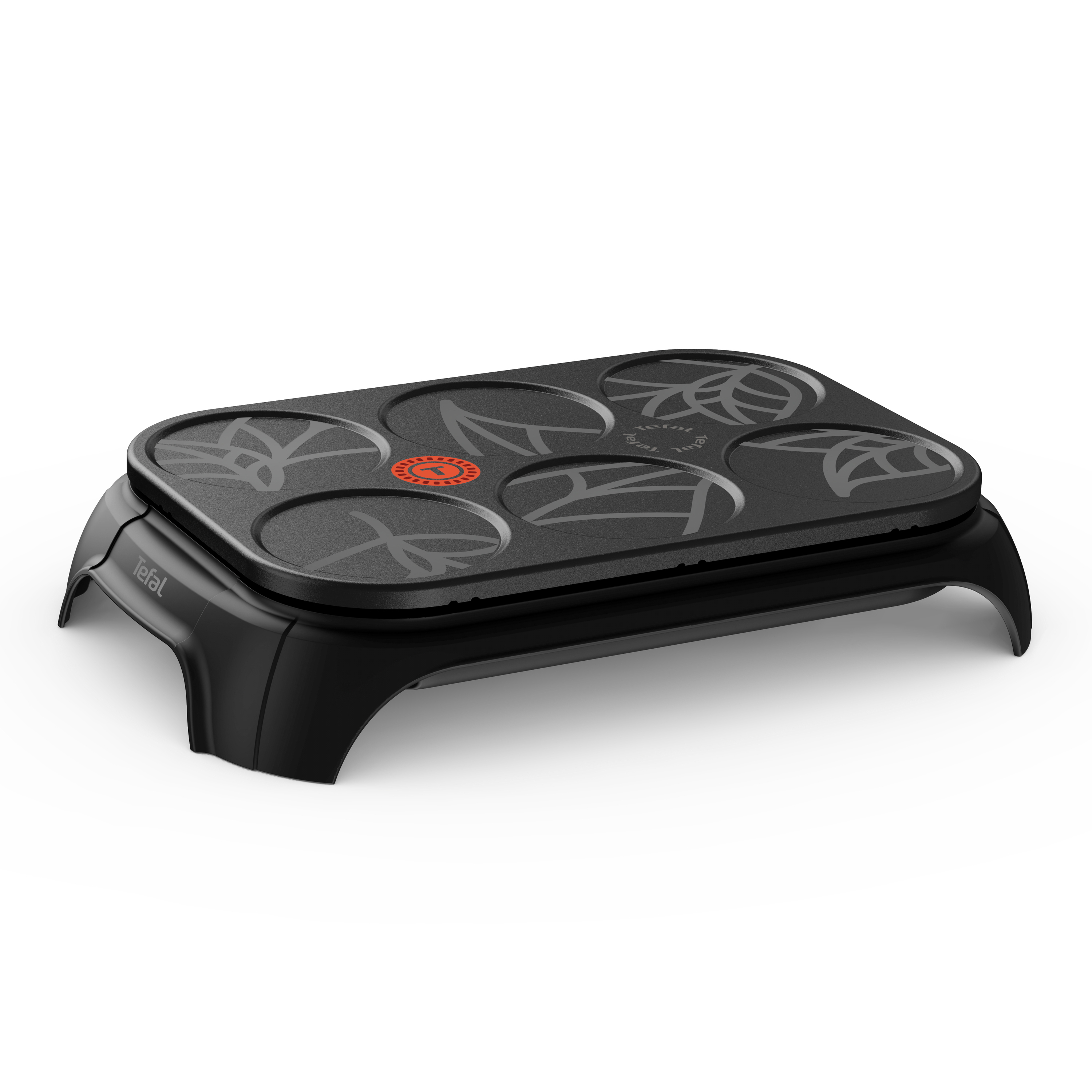 Czarny naleśnikarka z sześcioma okrągłymi powierzchniami i wzorem liści.