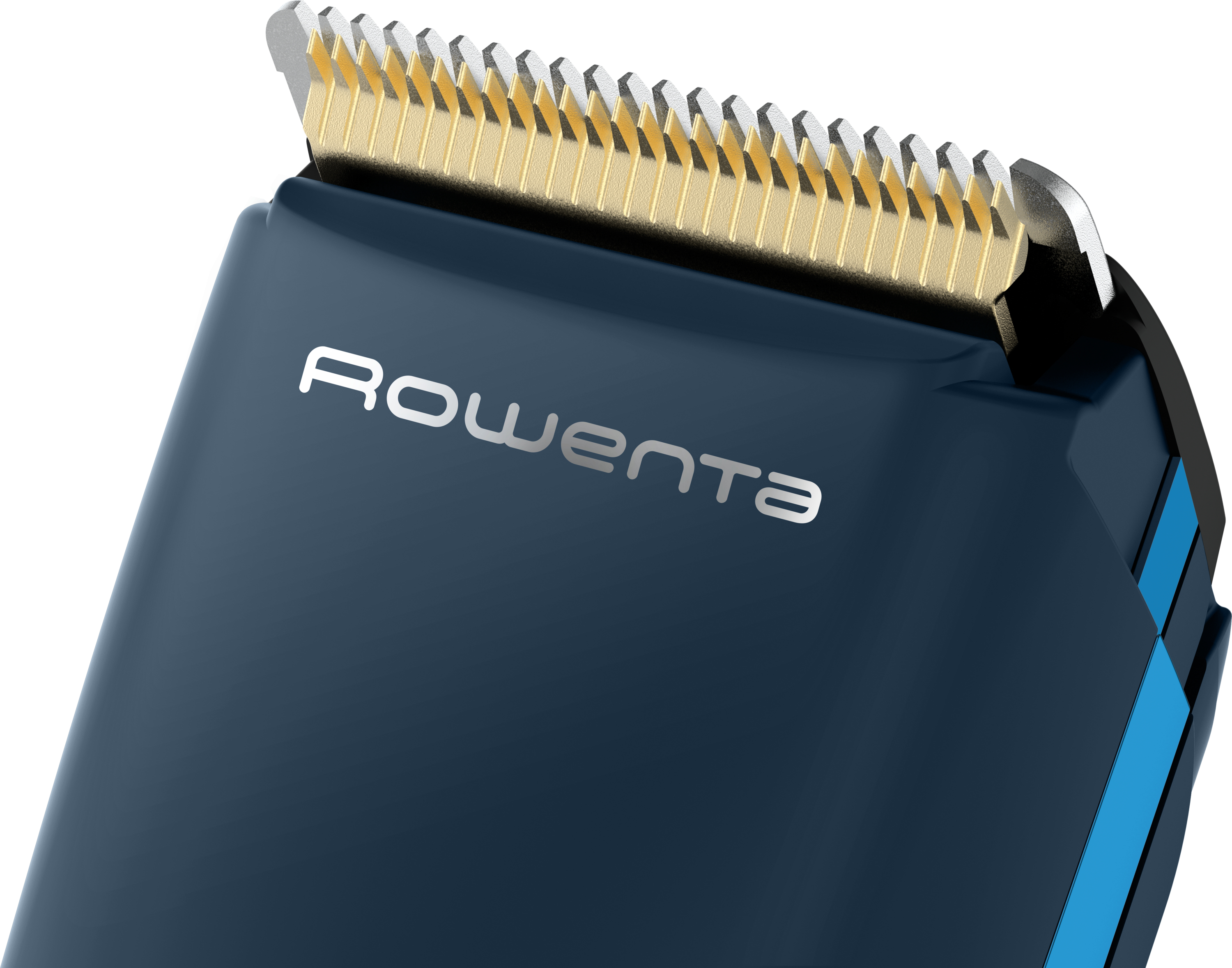 Nahaufnahme eines blauen Rowenta-Trimmers mit silbernem Rowenta-Logo und goldener Klinge auf weißem Grund.