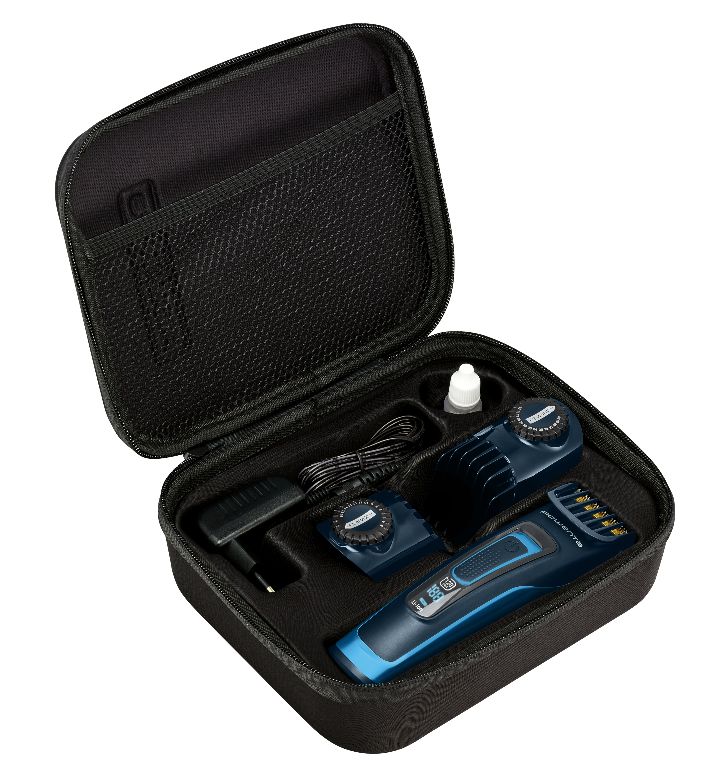 Schwarzer Koffer mit Trimmer, Ladegerät und Zubehör. Blauer und schwarzer Trimmer innen.