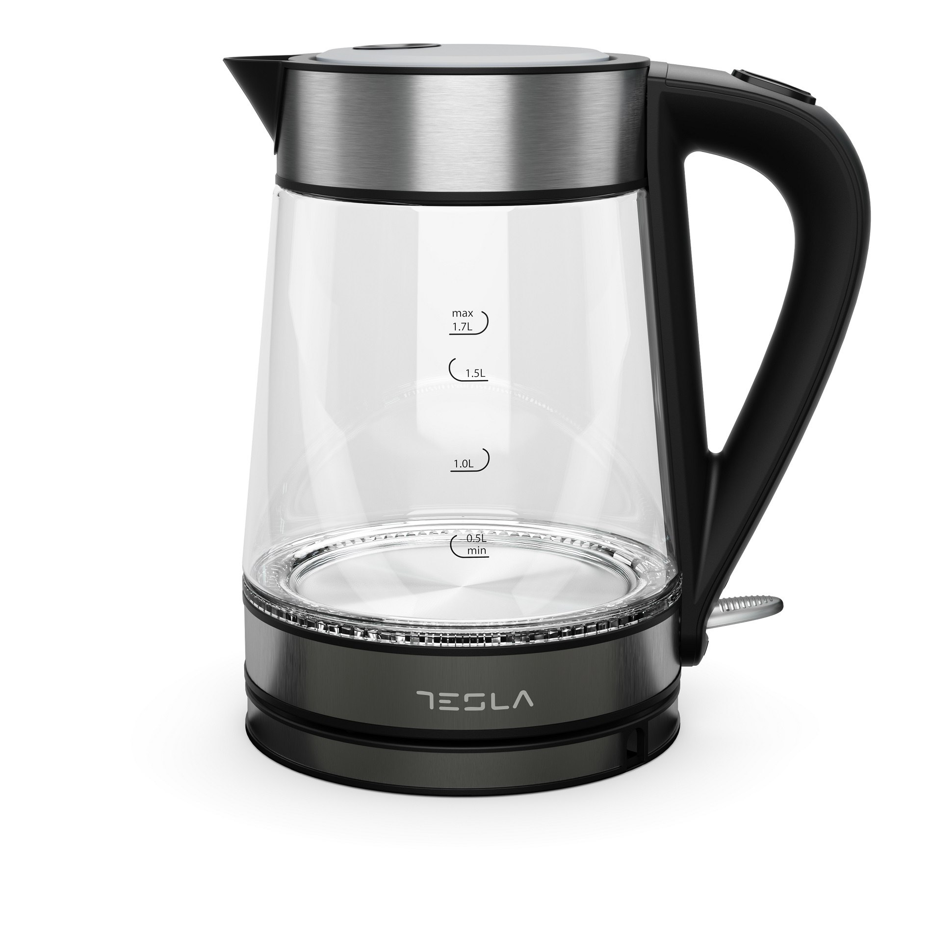 Tesla-Glas-Wasserkocher. Schwarzer Sockel und Griff. Wasserstandsanzeige. Auf weißem Hintergrund.
