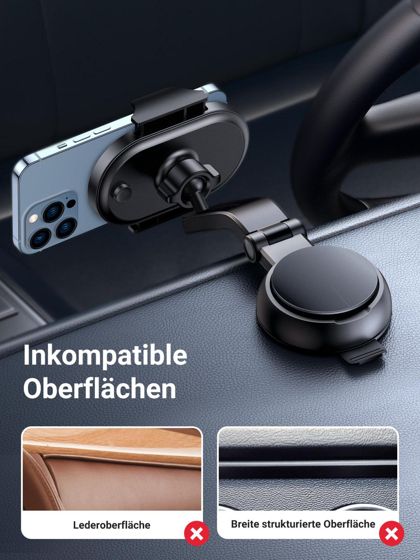 Uchwyt samochodowy do telefonu z telefonem. Pokazano niekompatybilne powierzchnie, skóra i teksturowana.