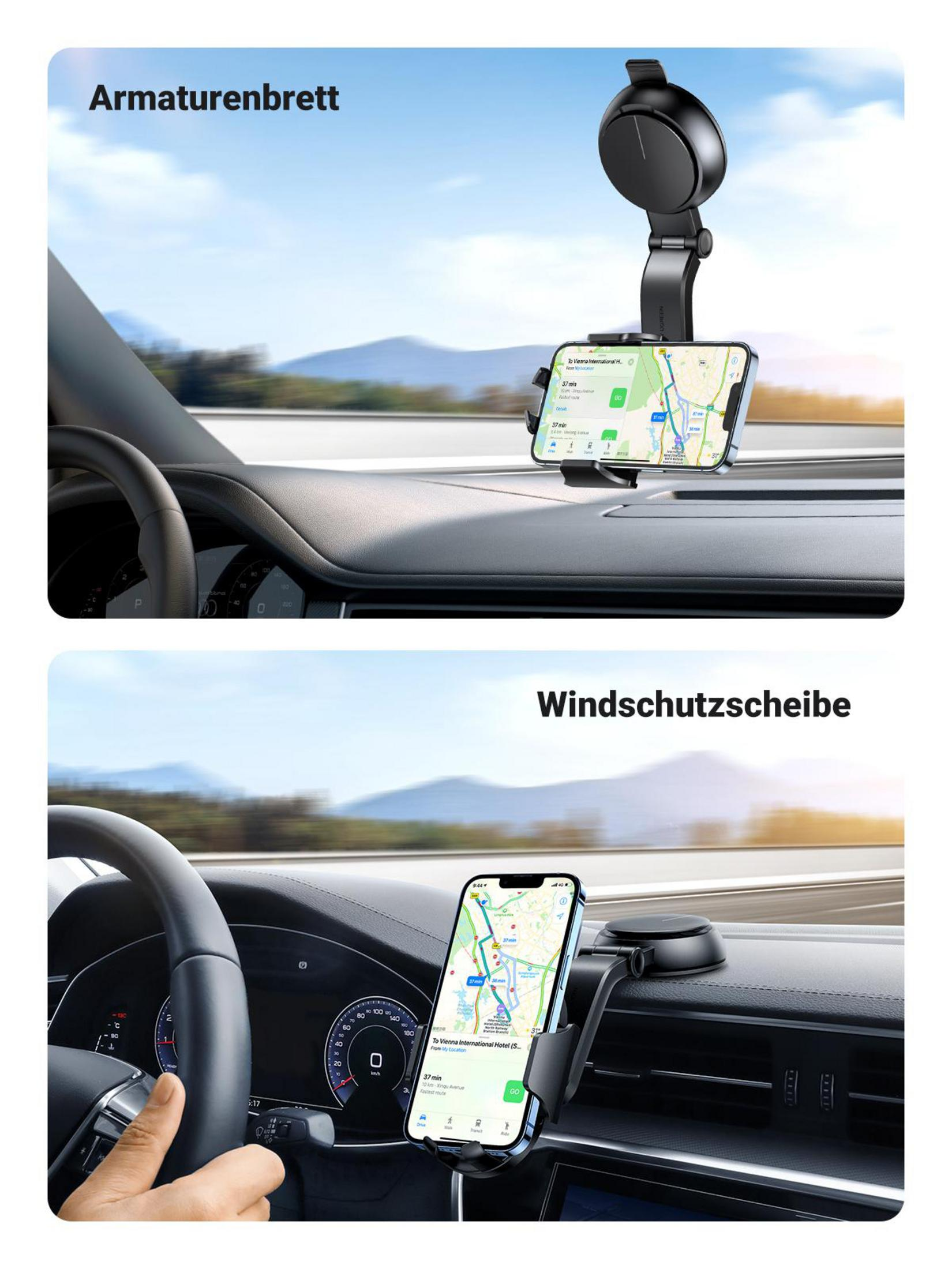 Pokazano dwa uchwyty do telefonu samochodowego; jeden na desce rozdzielczej, drugi na przedniej szybie. Oba trzymają telefony z mapami.