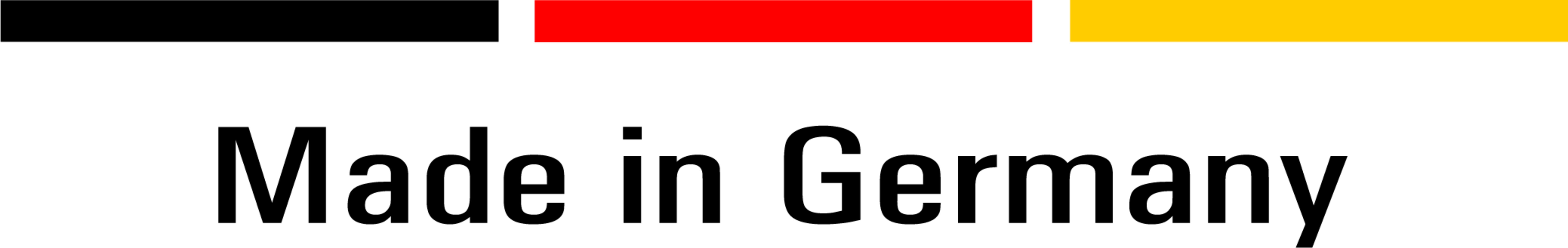 Tekst "Made in Germany" z kolorami flagi Niemiec: czarny, czerwony, żółty.