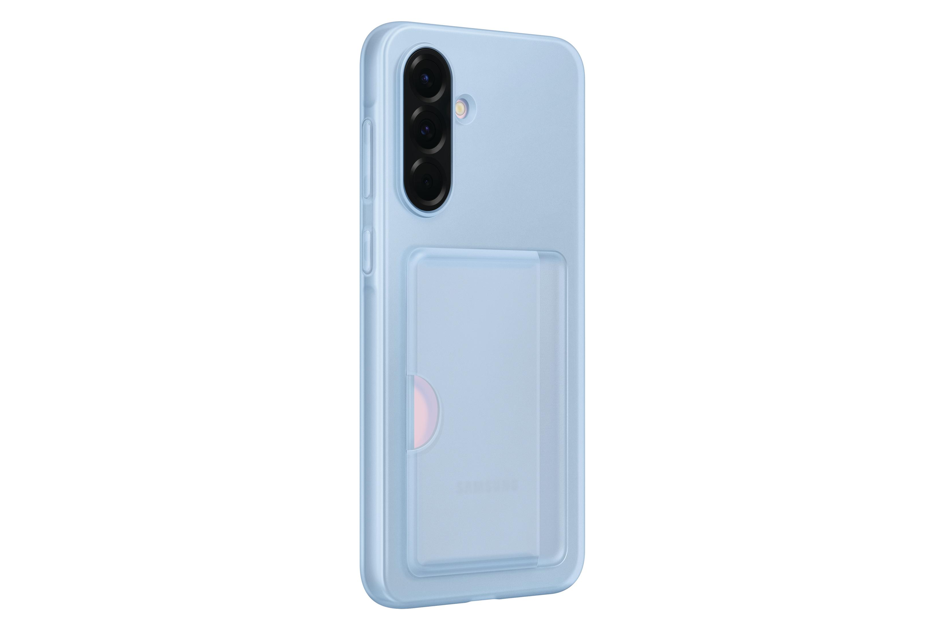 Lichtblauwe telefoonhoes met een kaartsleuf, de achterkant van een telefoon tonend.