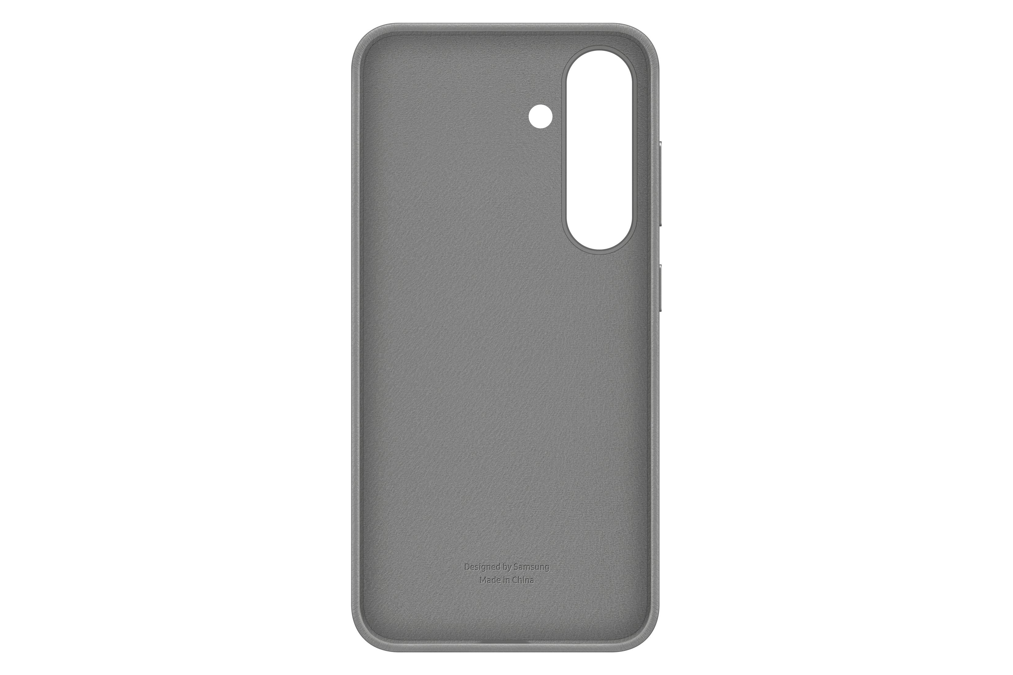 Custodia grigio chiaro con foro fotocamera, tagli pulsanti e logo Samsung.