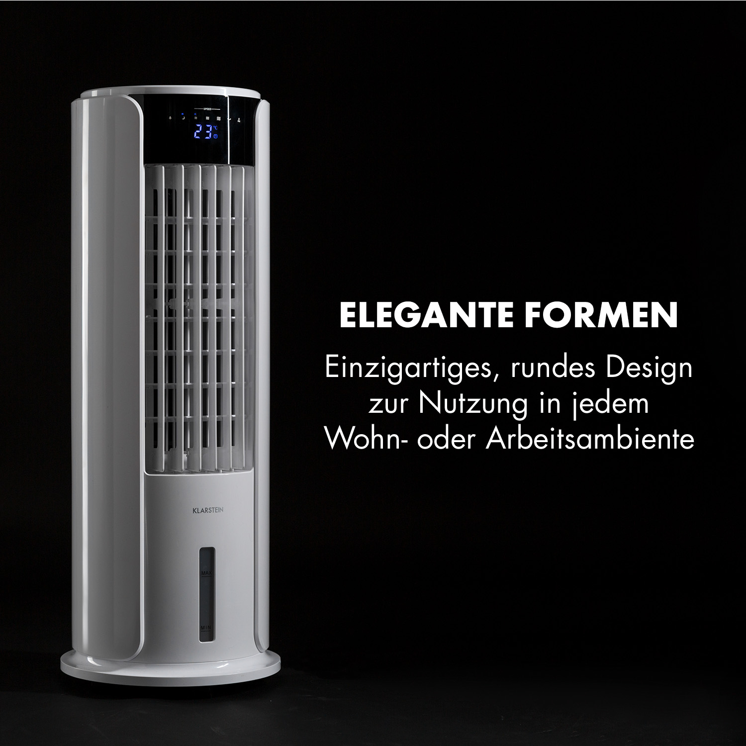 Weißer Luftkühler mit Digitalanzeige, schwarzer Hintergrund. Text beschreibt Design.