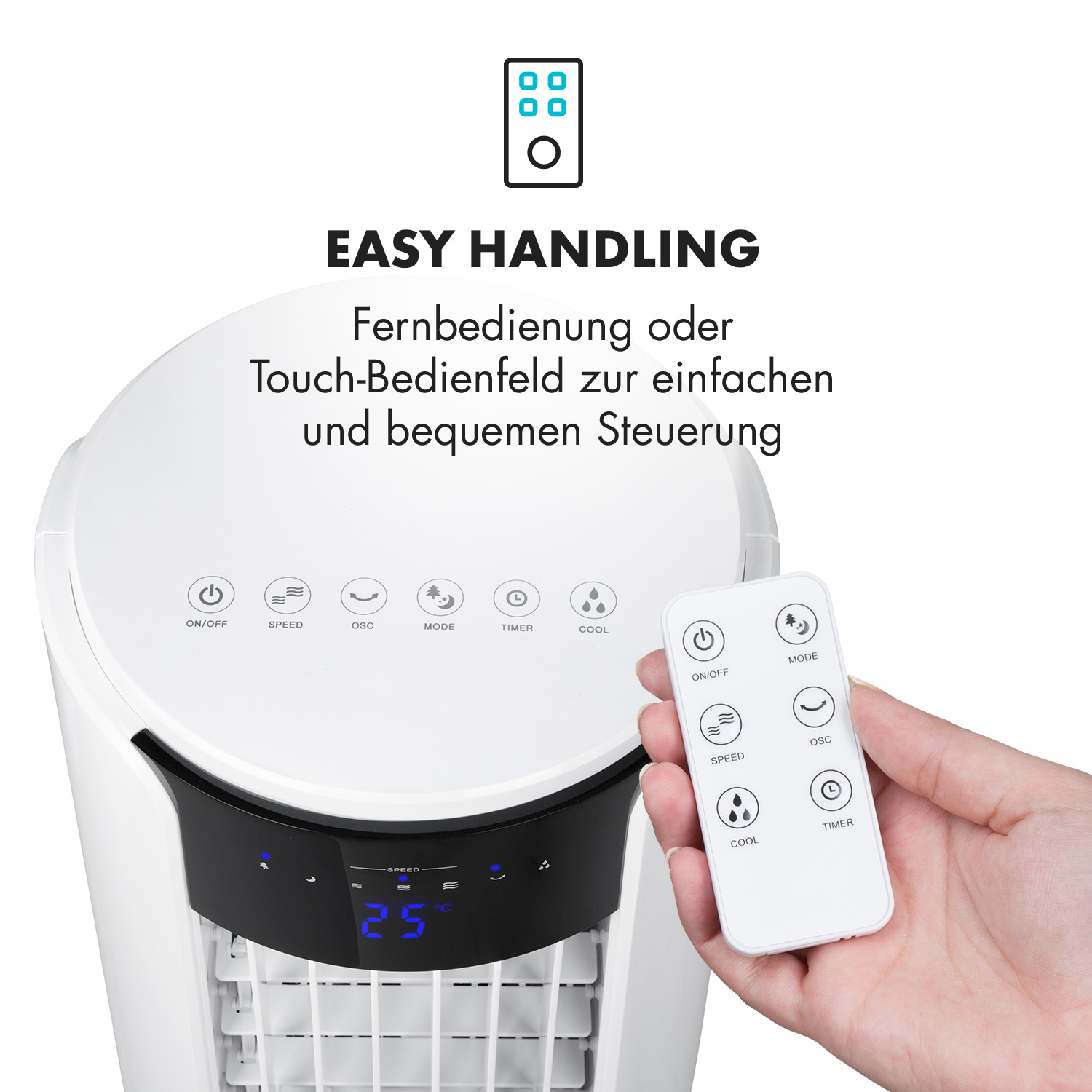 Weißer Luftkühler mit Fernbedienung in der Hand einer Person.