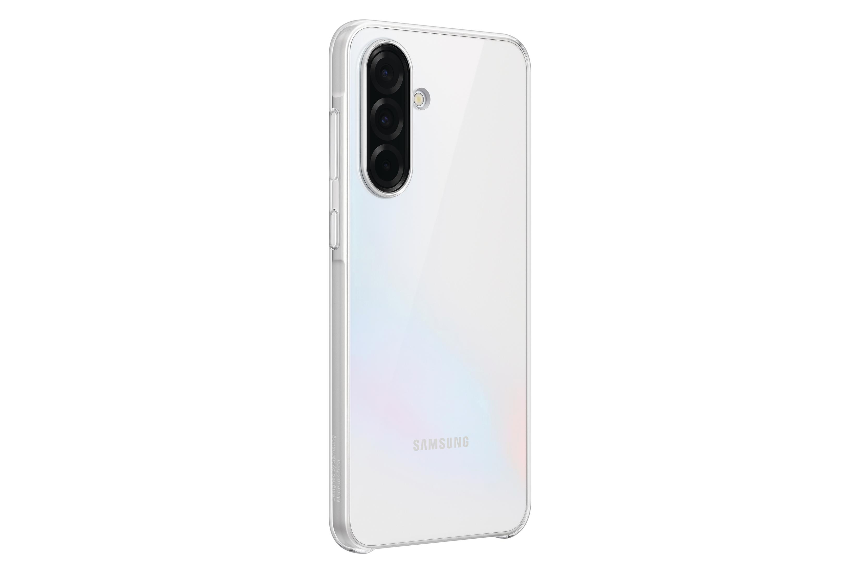 Telefono Samsung bianco in una custodia trasparente. Tre fotocamere. Logo SAMSUNG.