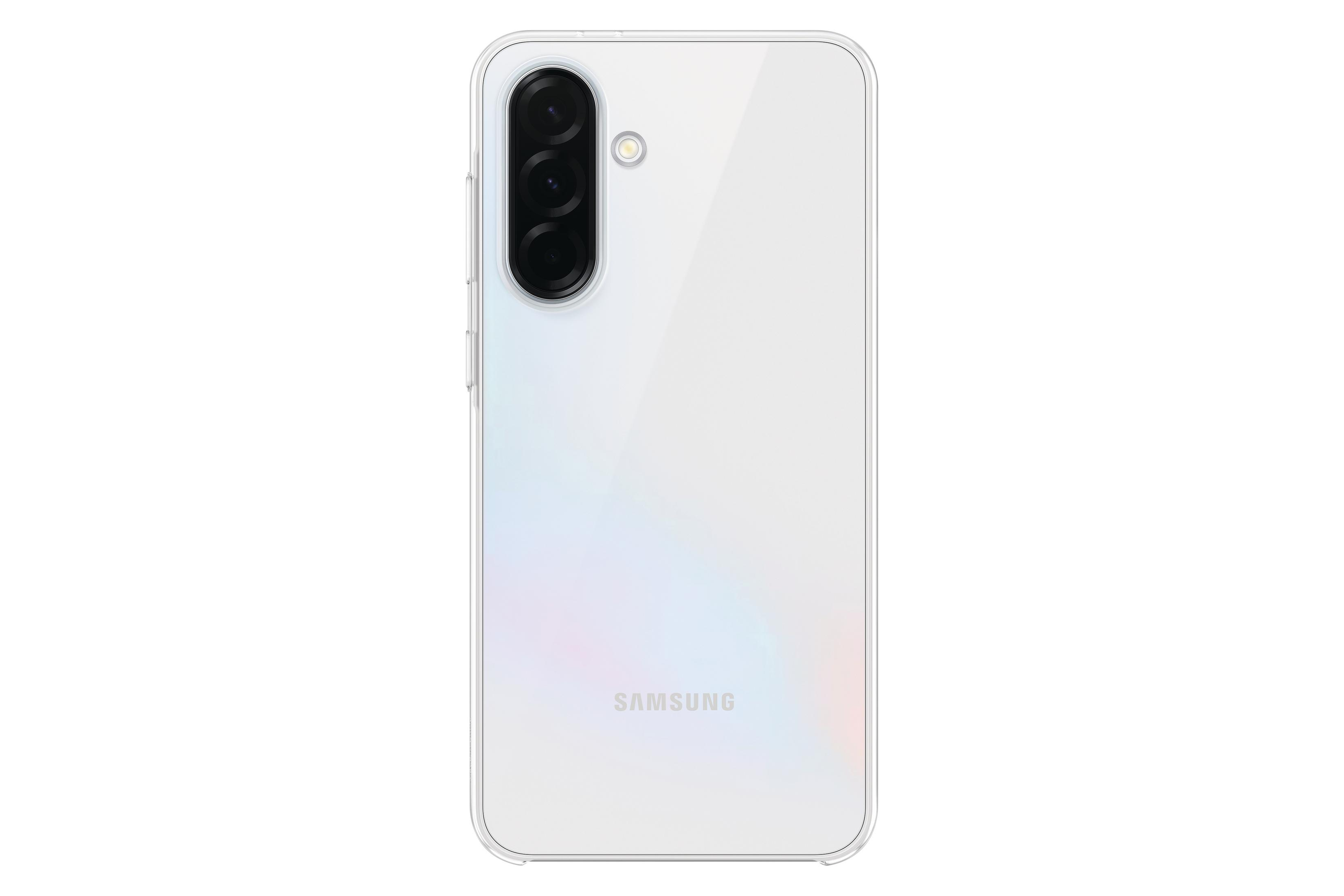 Vista posteriore di un telefono Samsung bianco con configurazione a tripla fotocamera, design semplice.