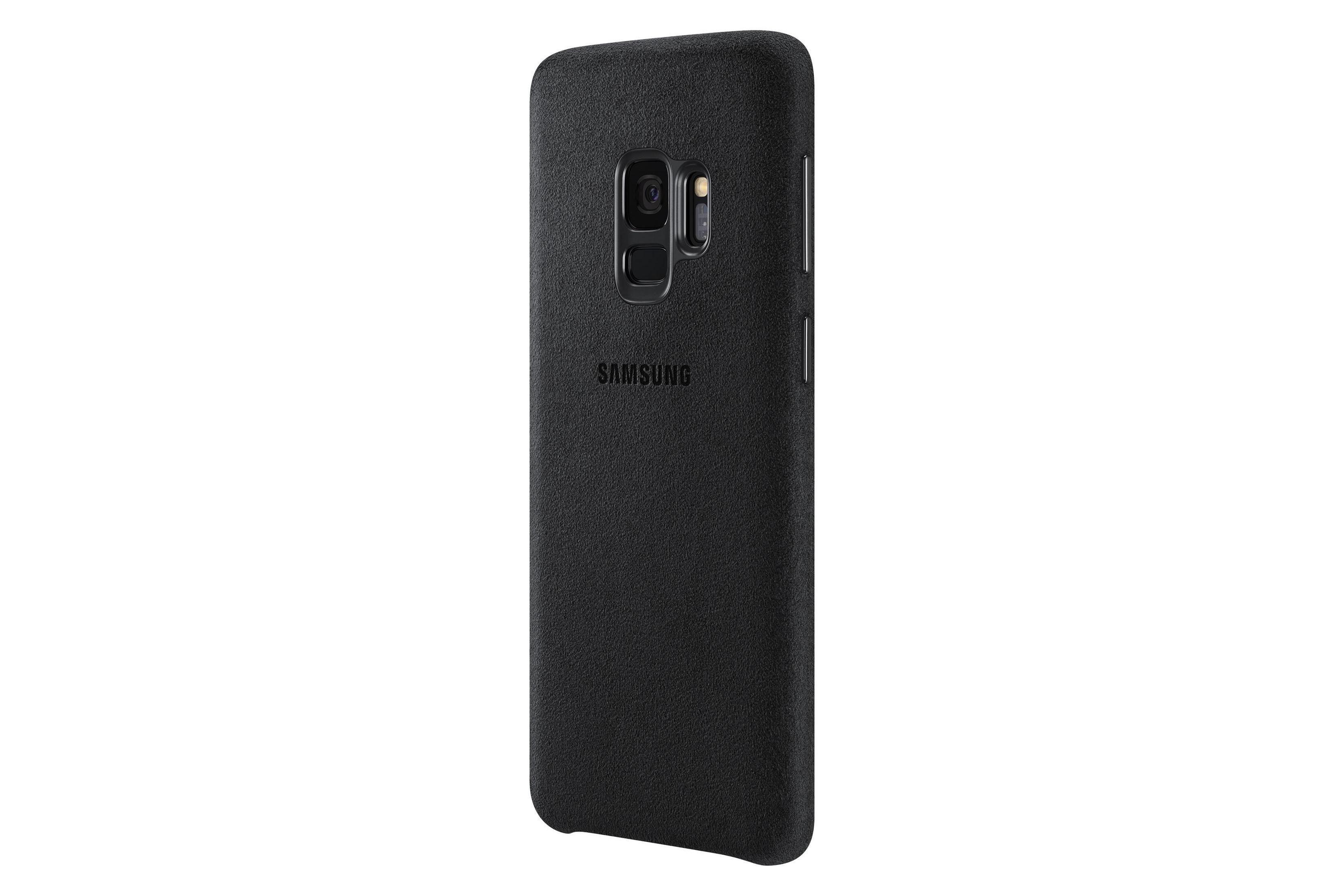 Funda negra para teléfono con el logotipo de Samsung. Superficie texturizada. Cámara en la parte superior izquierda.